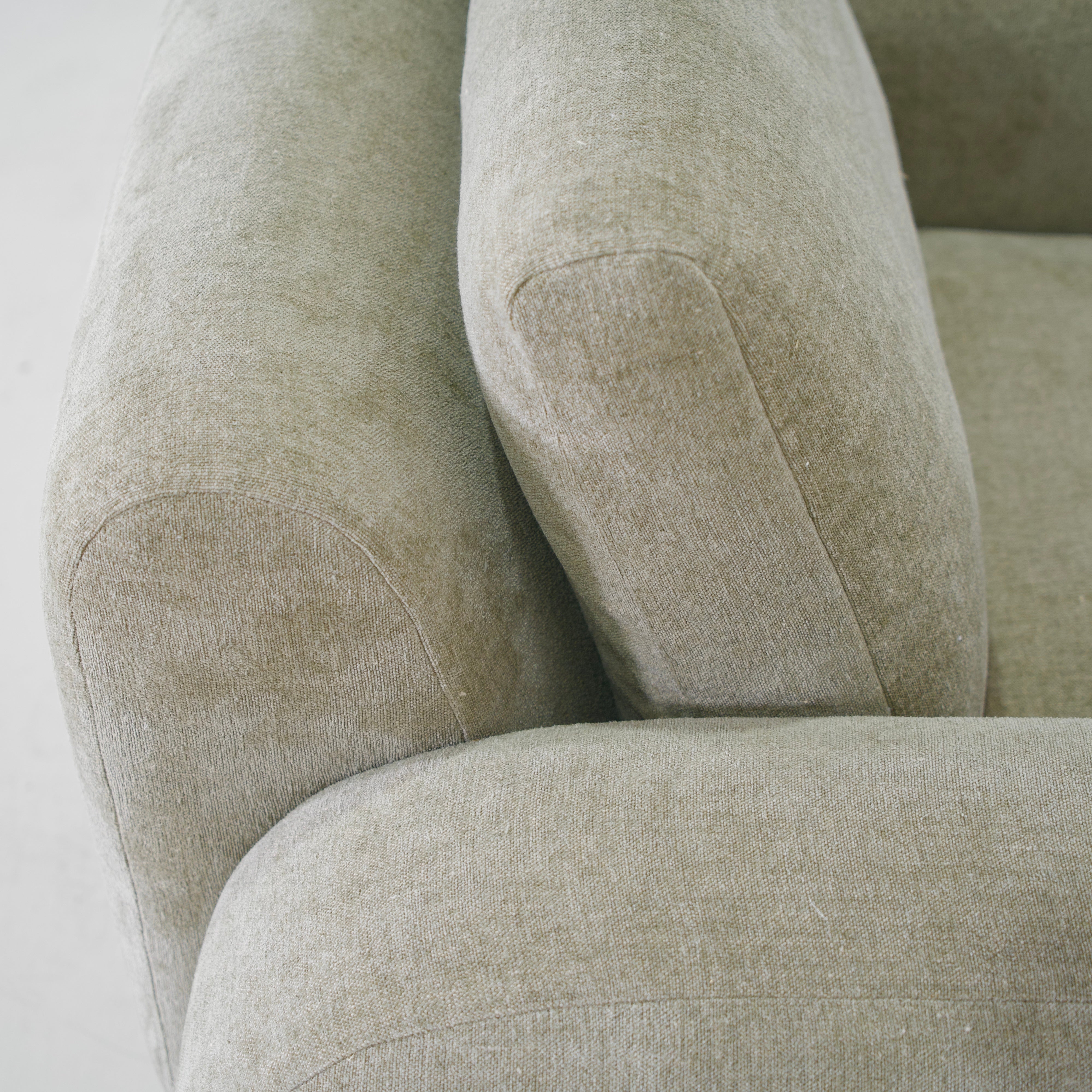 As Shown: in Bellamy Moss, upholstered base, swivel.