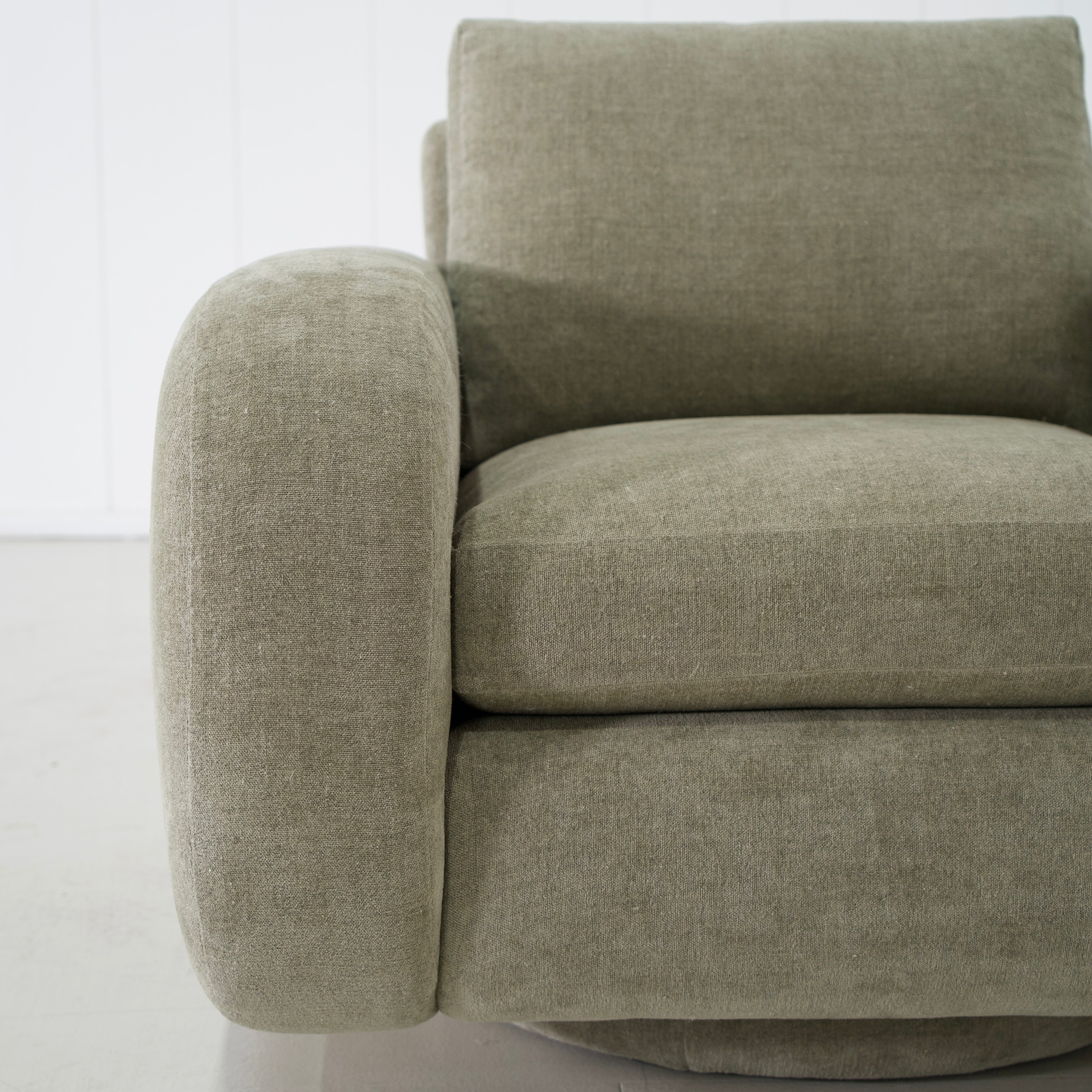 As Shown: in Bellamy Moss, upholstered base, swivel.