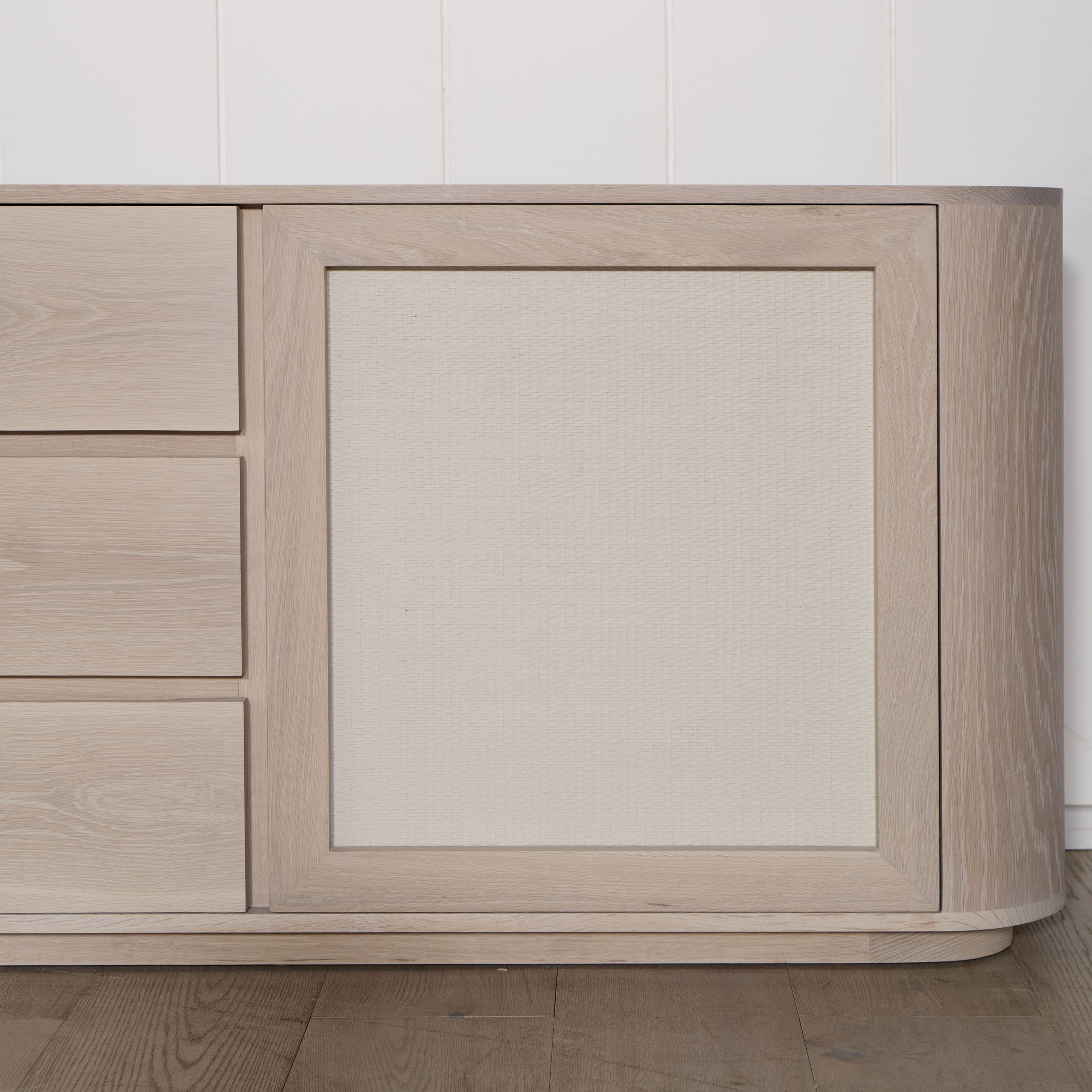 As Shown: in Mint White Super White finish with painted EdgeComb Grey Cane.