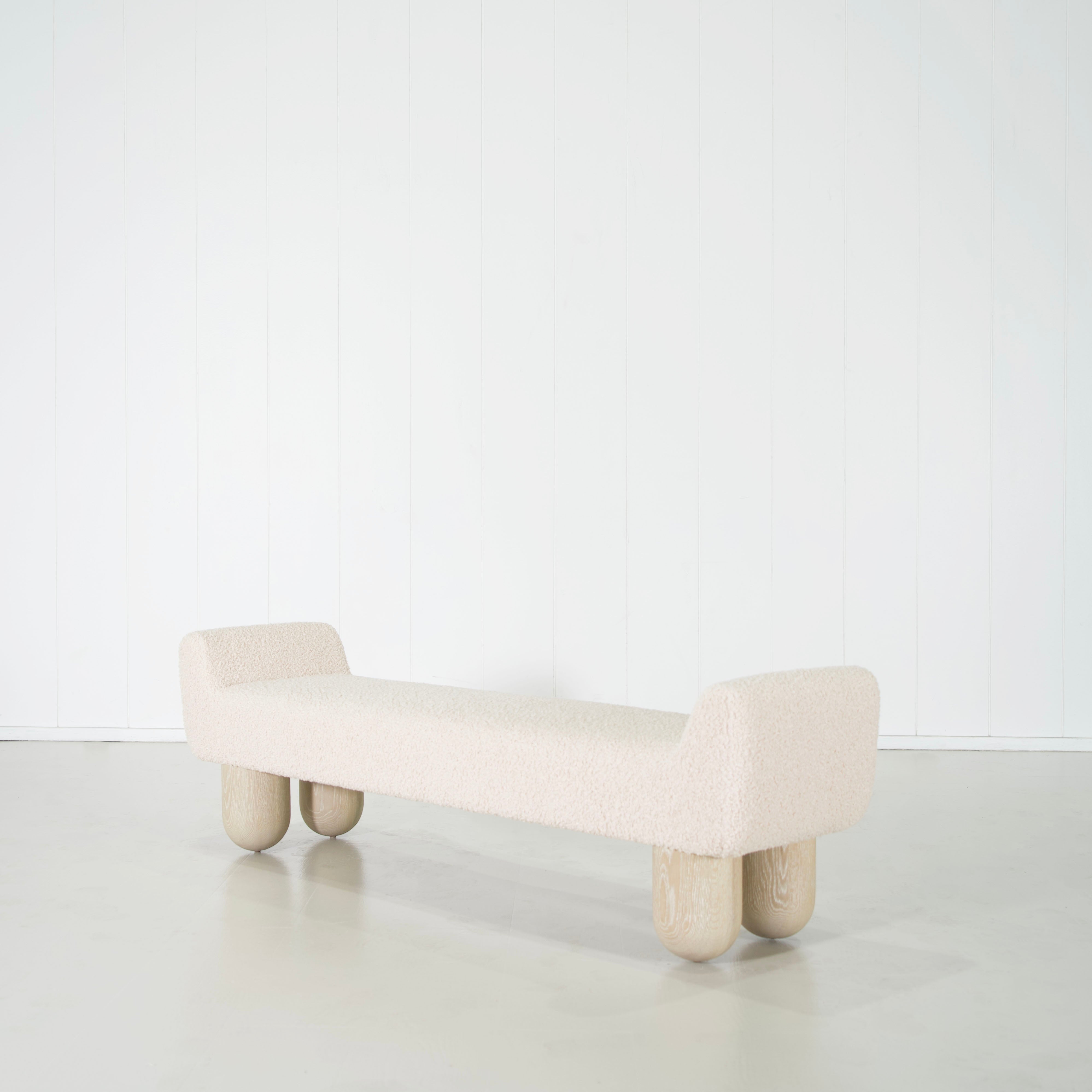 As Shown: in Teddy Ivory, oak finished in Mint White Natural.