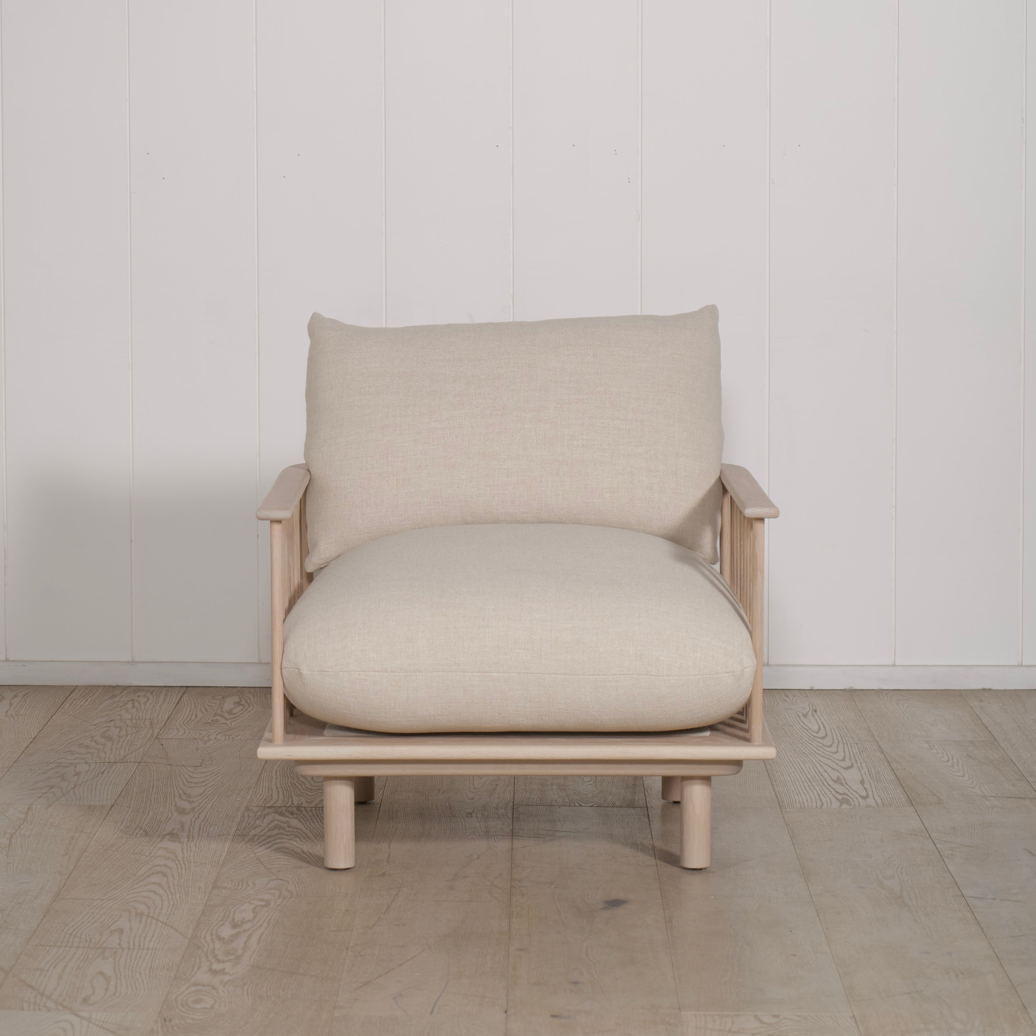As Shown: in Belgian Oatmeal, oak finished in Mint White Natural