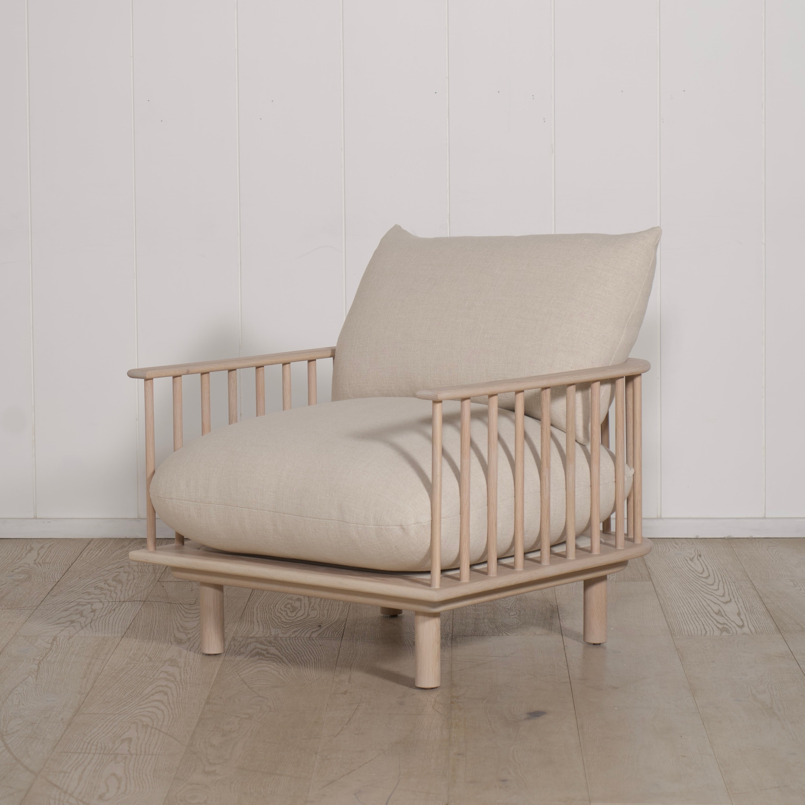 As Shown: in Belgian Oatmeal, oak finished in Mint White Natural