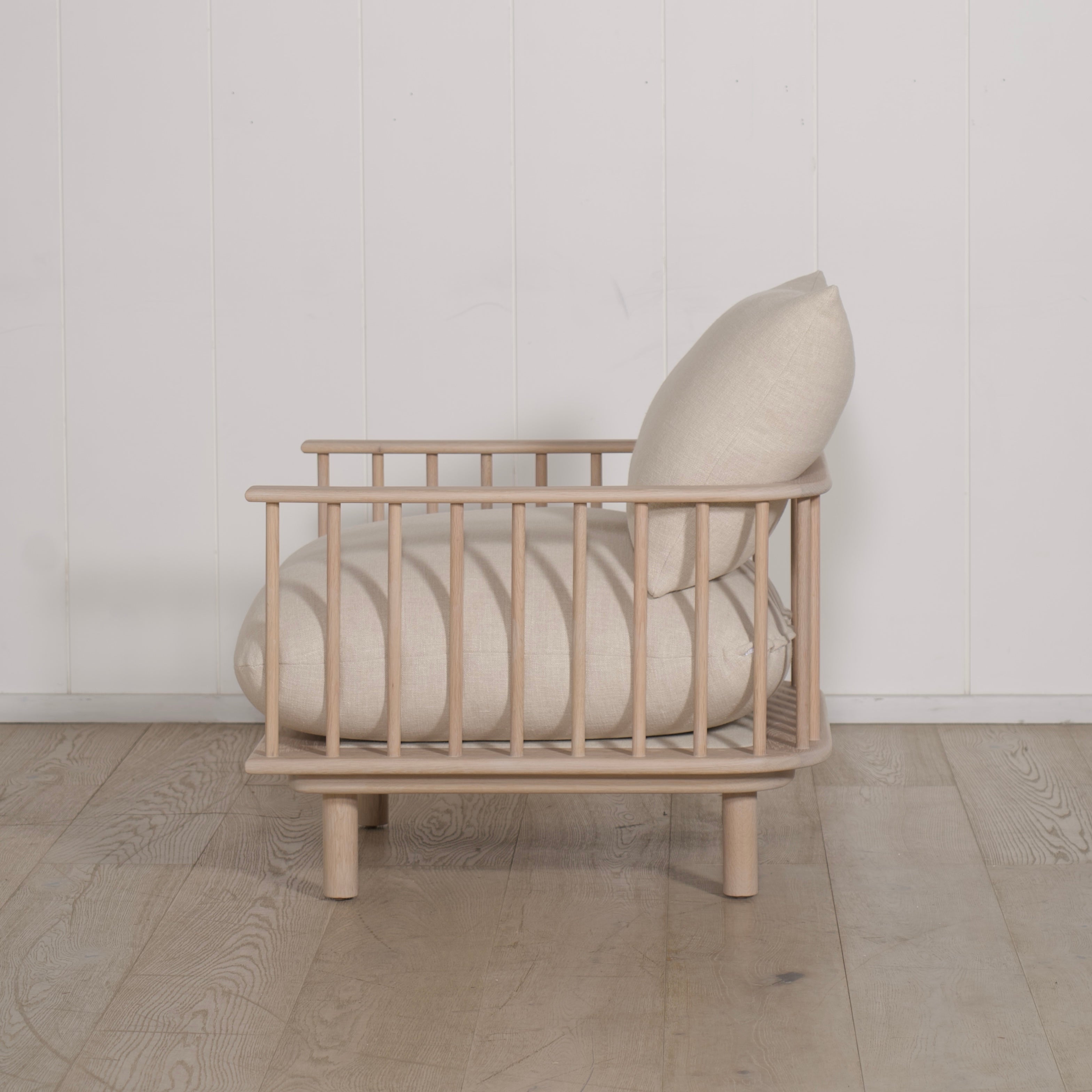 As Shown: in Belgian Oatmeal, oak finished in Mint White Natural