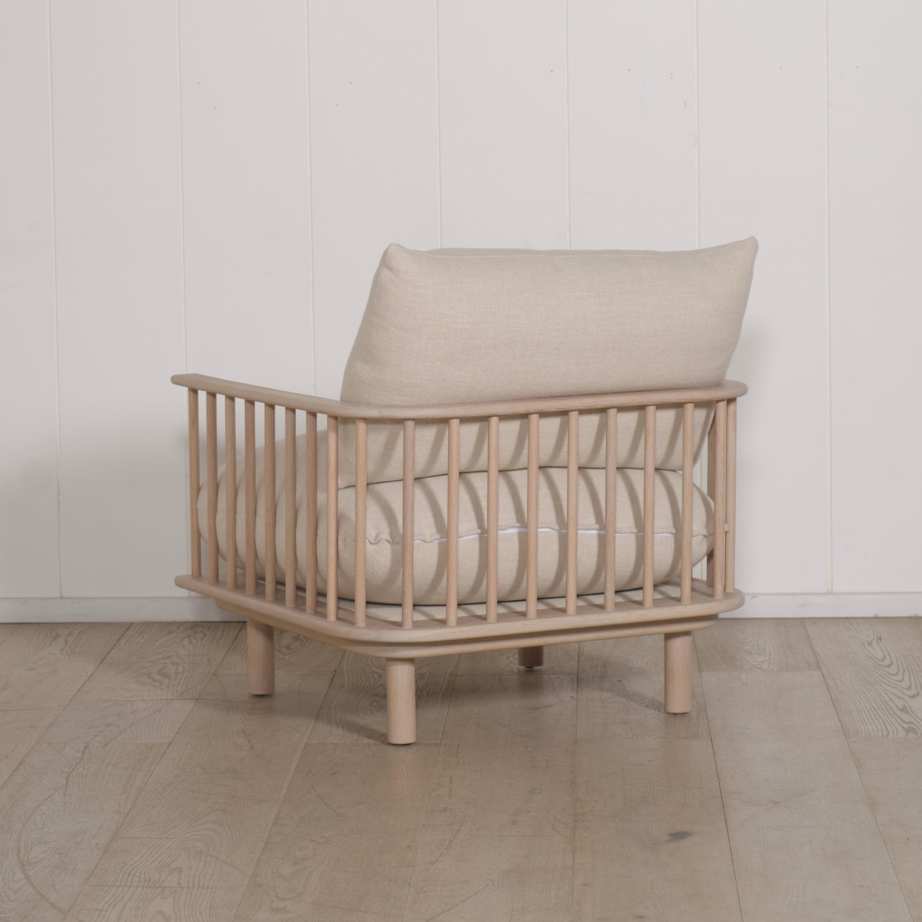 As Shown: in Belgian Oatmeal, oak finished in Mint White Natural