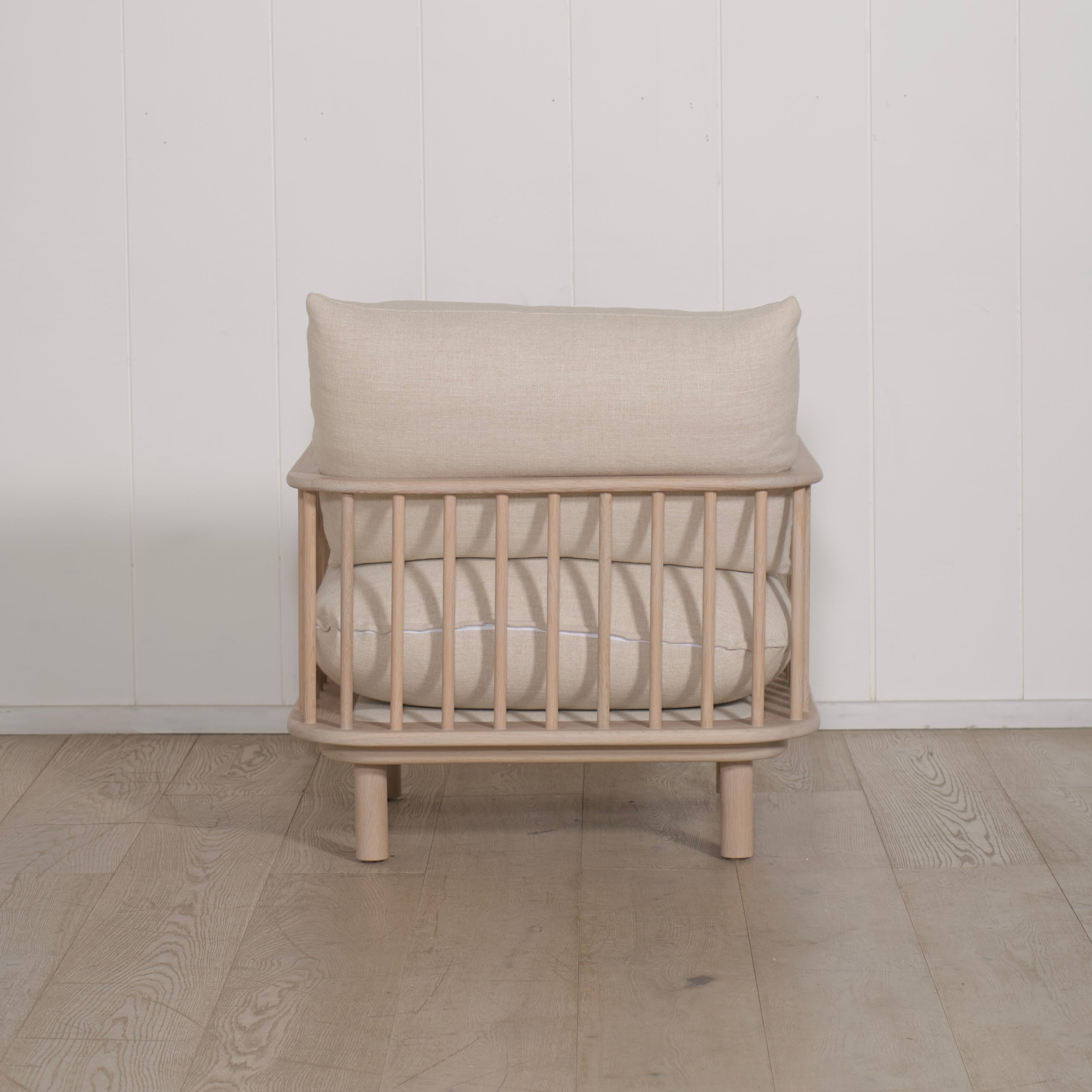 As Shown: in Belgian Oatmeal, oak finished in Mint White Natural