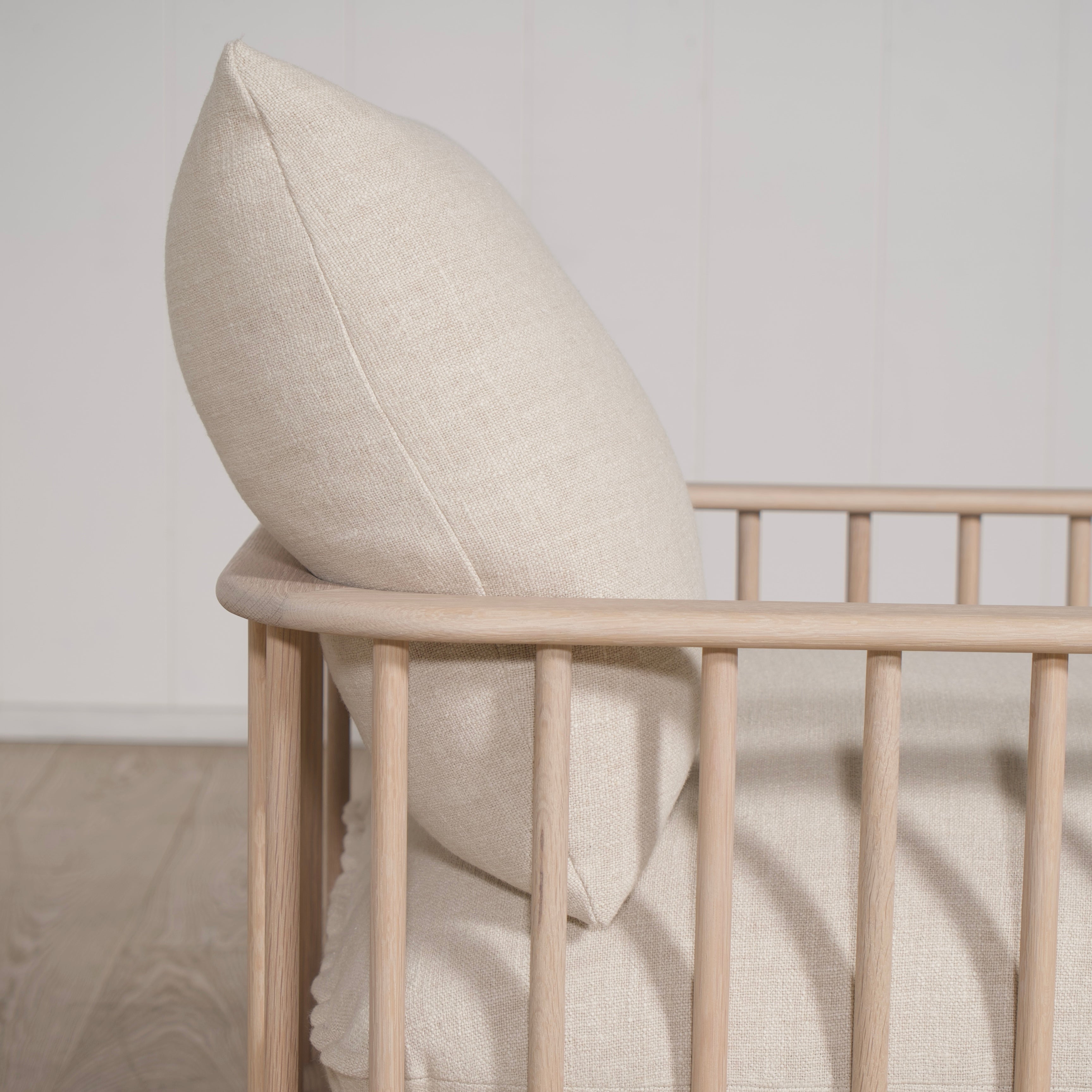 As Shown: in Belgian Oatmeal, oak finished in Mint White Natural