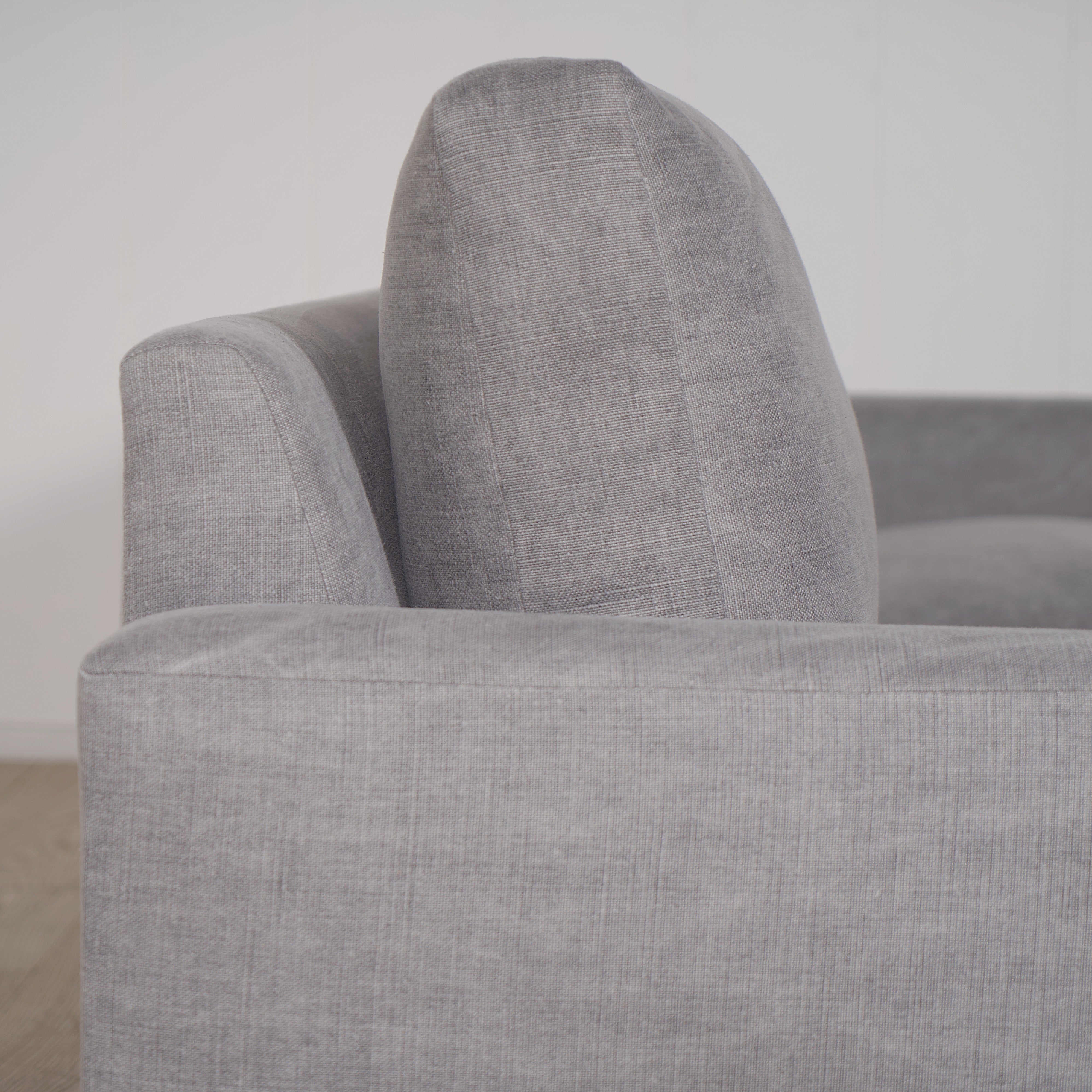 As Shown: in COM fabric, oak legs finished in Mint White Natural.