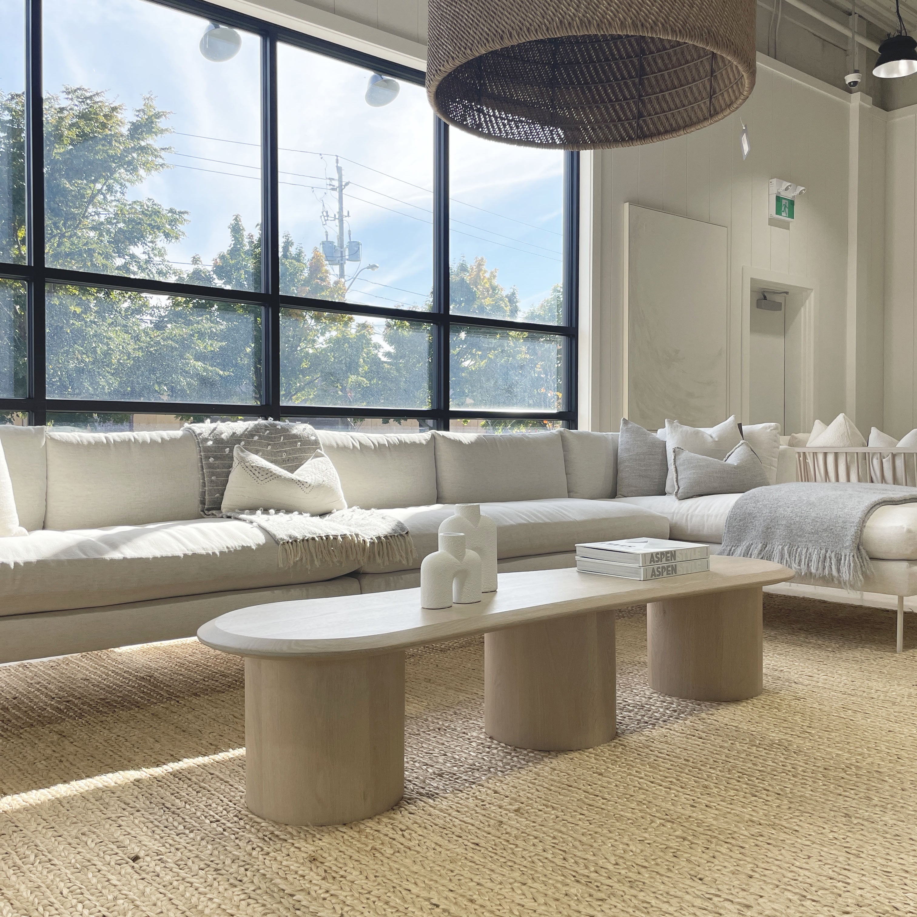 As Shown: 78"W x 22"D x 16"H | Material: Solid White Oak | Finish: Shell