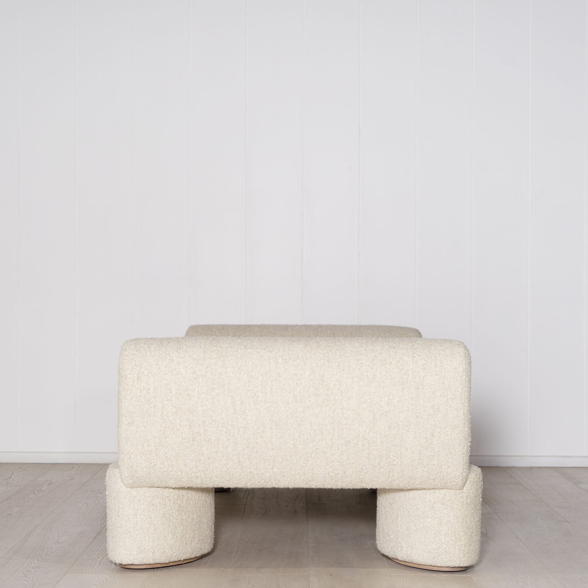 Atlas Daybed, Muskoka Living Collection - Shown in Berber Natural and Dusty Beige Shearling. Oak finished in Alpaca White / Smoke.