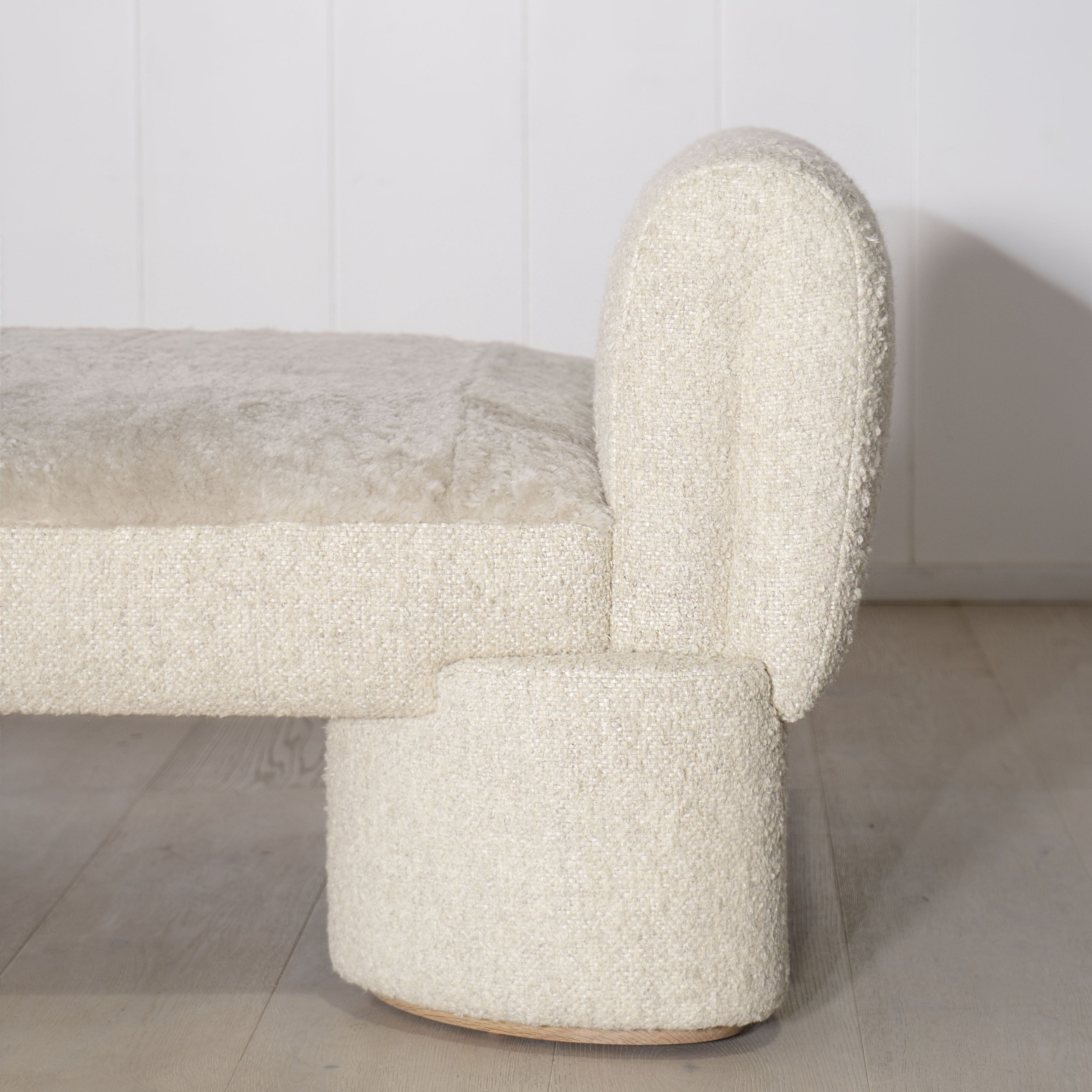 Atlas Daybed, Muskoka Living Collection - Shown in Berber Natural and Dusty Beige Shearling. Oak finished in Alpaca White / Smoke.