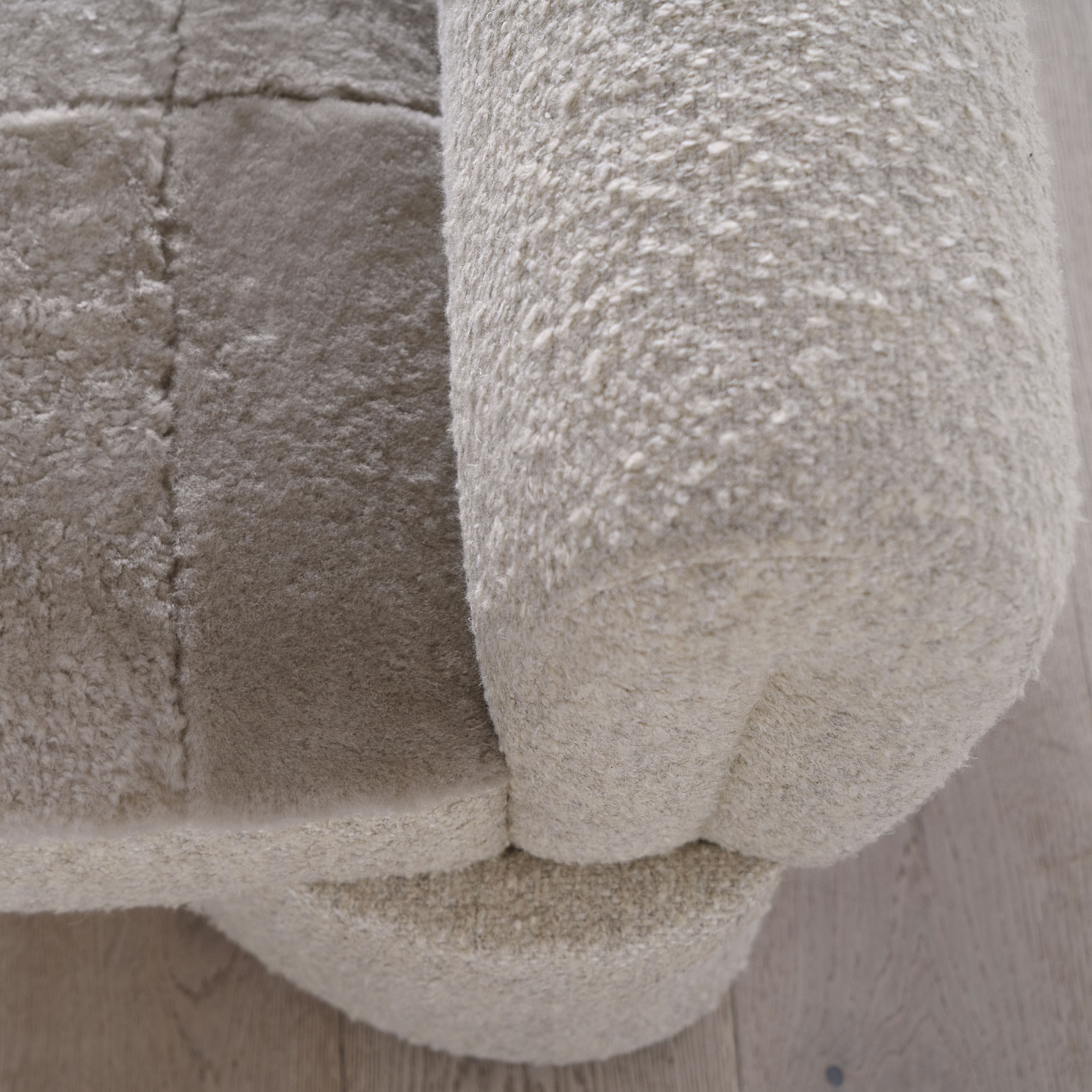 Atlas Daybed, Muskoka Living Collection - Shown in Berber Natural and Dusty Beige Shearling. Oak finished in Alpaca White / Smoke.