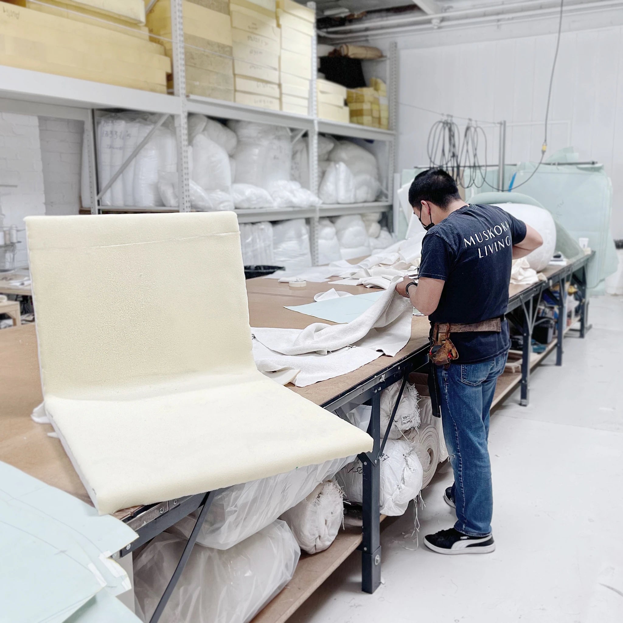 As Shown: in Dusty Beige Shearling, Nora snow frame and Mint White Natural oak.