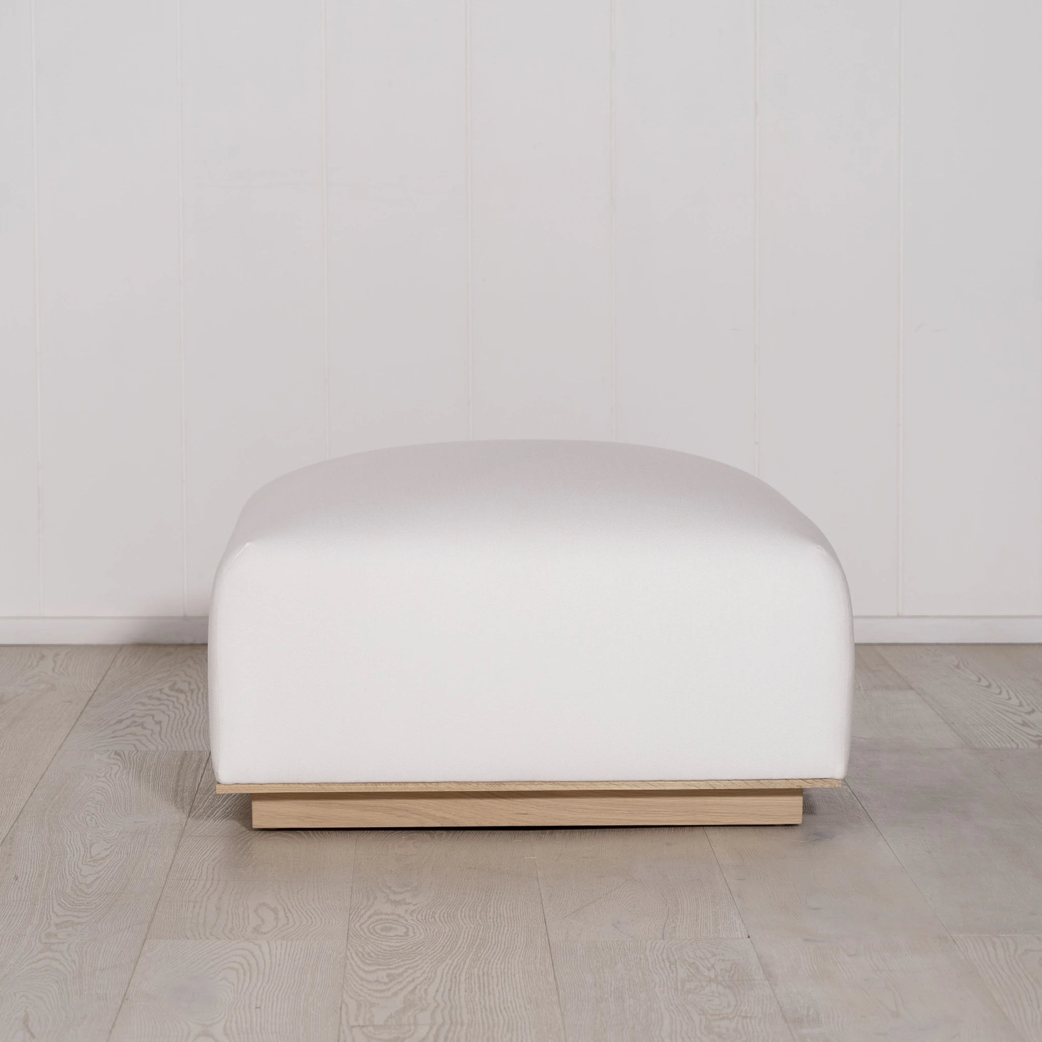 As Shown: in custom fabric. Oak finished in Mint White Natural.