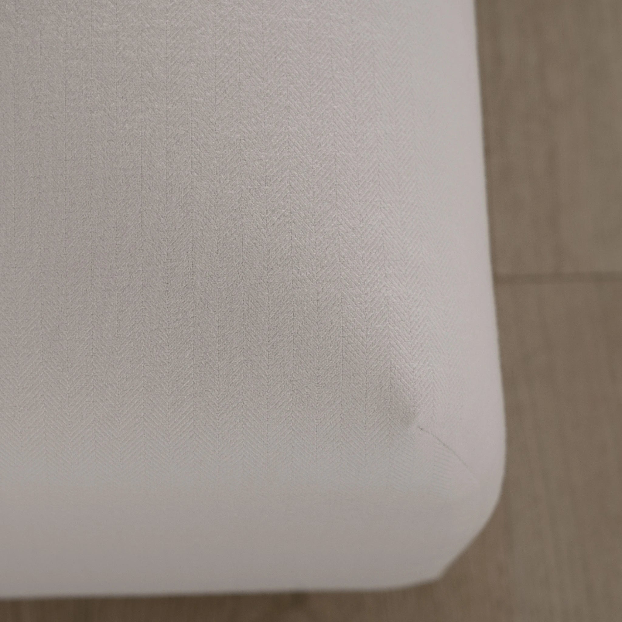 As Shown: in custom fabric. Oak finished in Mint White Natural.