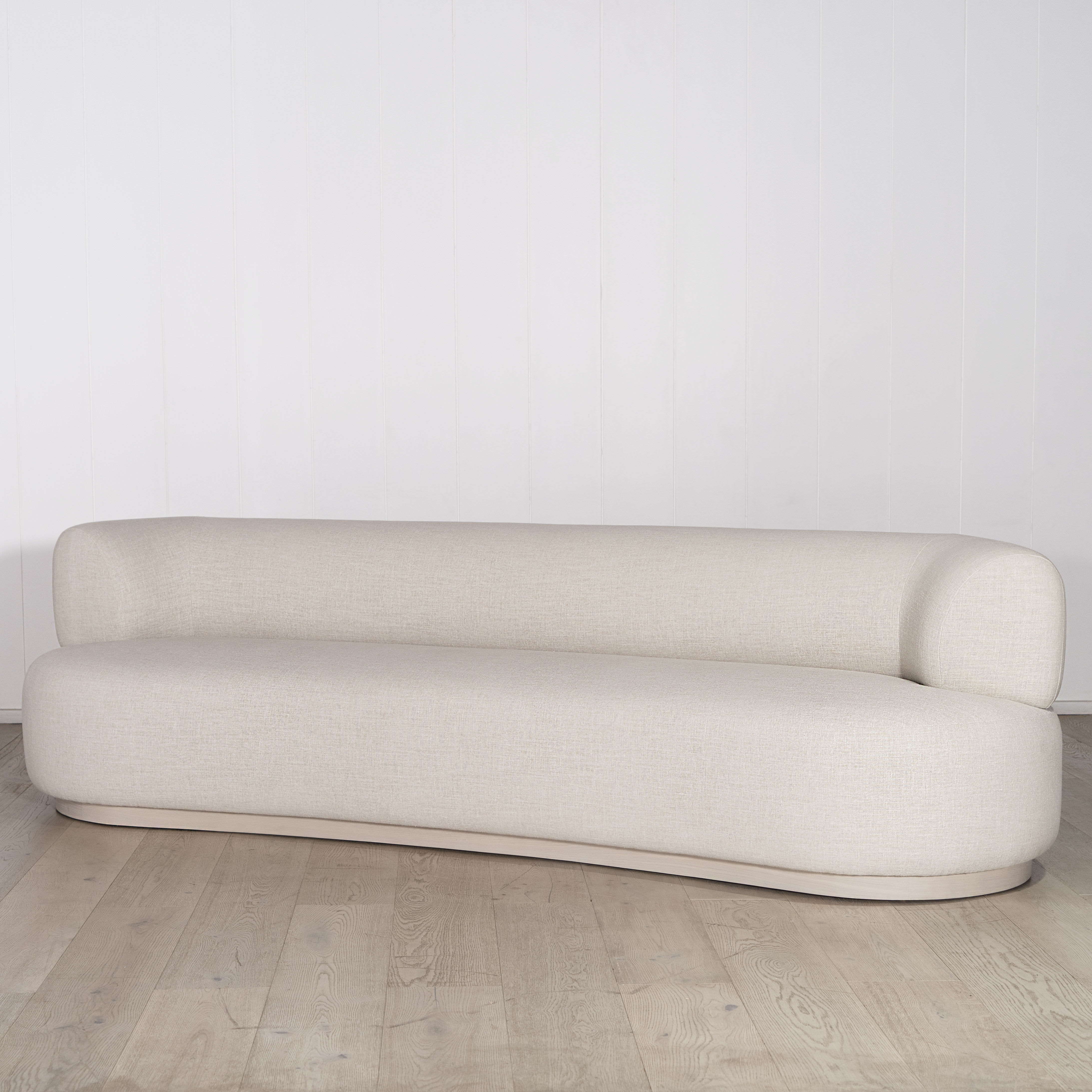 Atwater sofa, Muskoka Living Collection - Belgian Oatmeal, oak finished in Alpaca White Smoke.