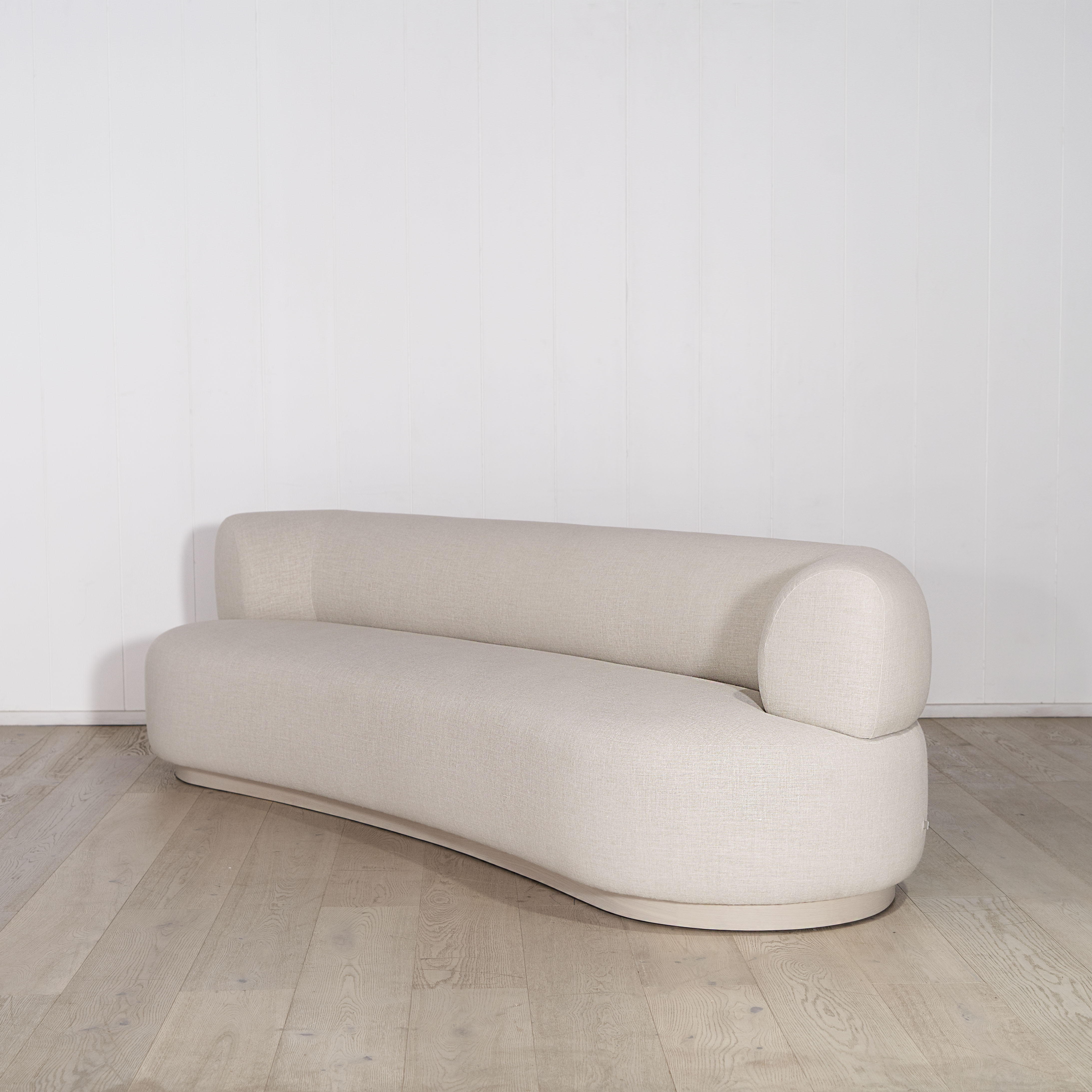 Atwater sofa, Muskoka Living Collection - Belgian Oatmeal, oak finished in Alpaca White Smoke.