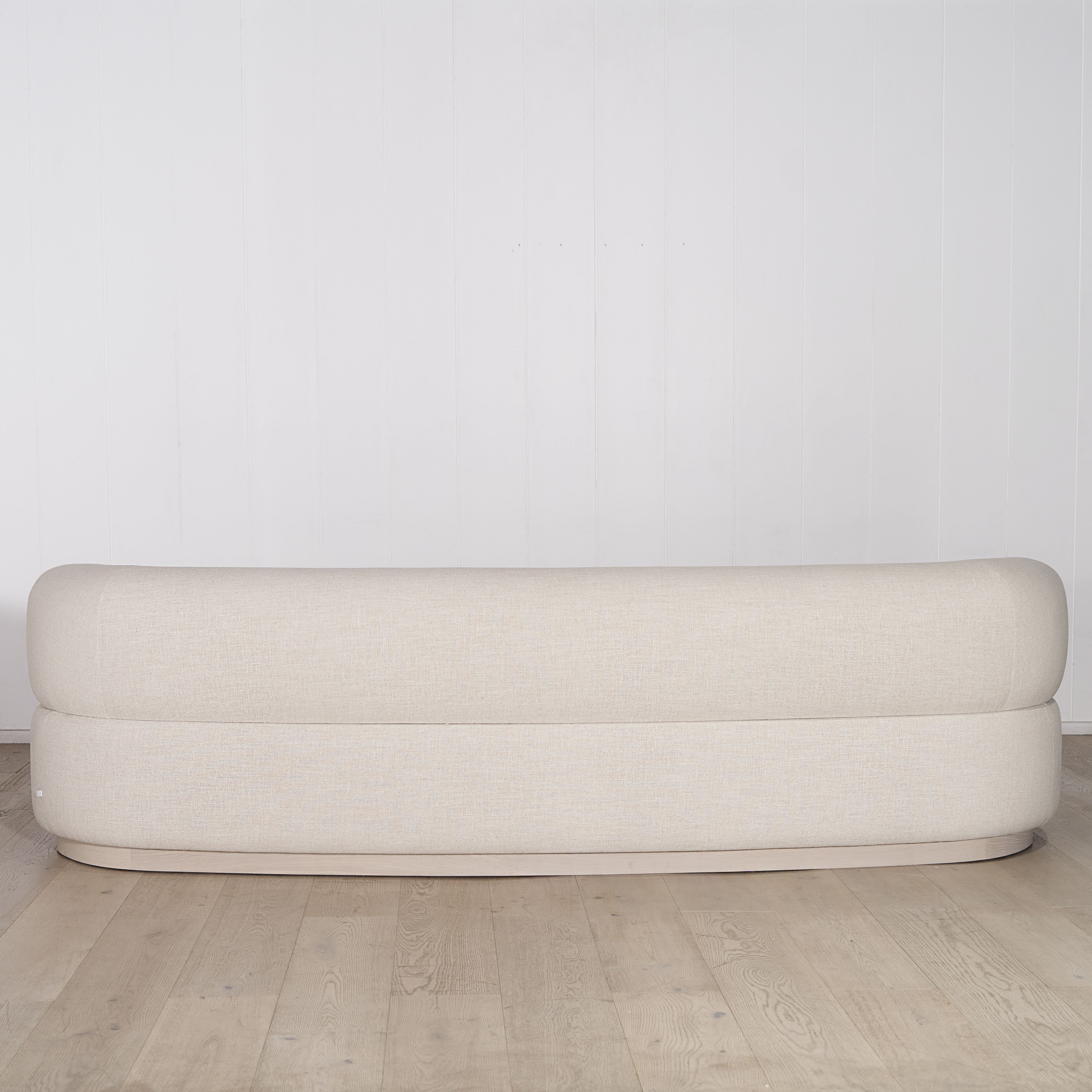 Atwater sofa, Muskoka Living Collection - Belgian Oatmeal, oak finished in Alpaca White Smoke.