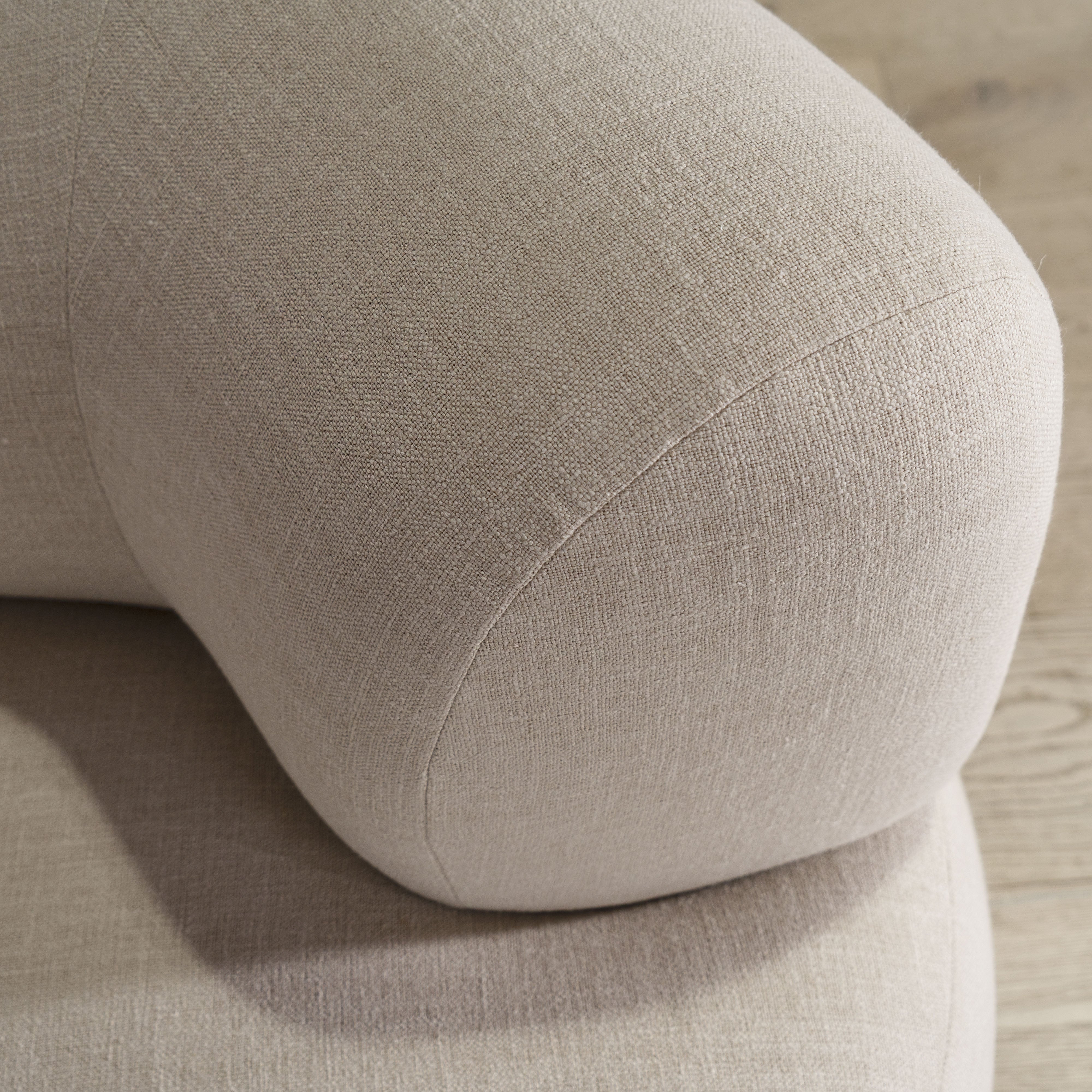 Atwater sofa, Muskoka Living Collection - Belgian Oatmeal, oak finished in Alpaca White Smoke.