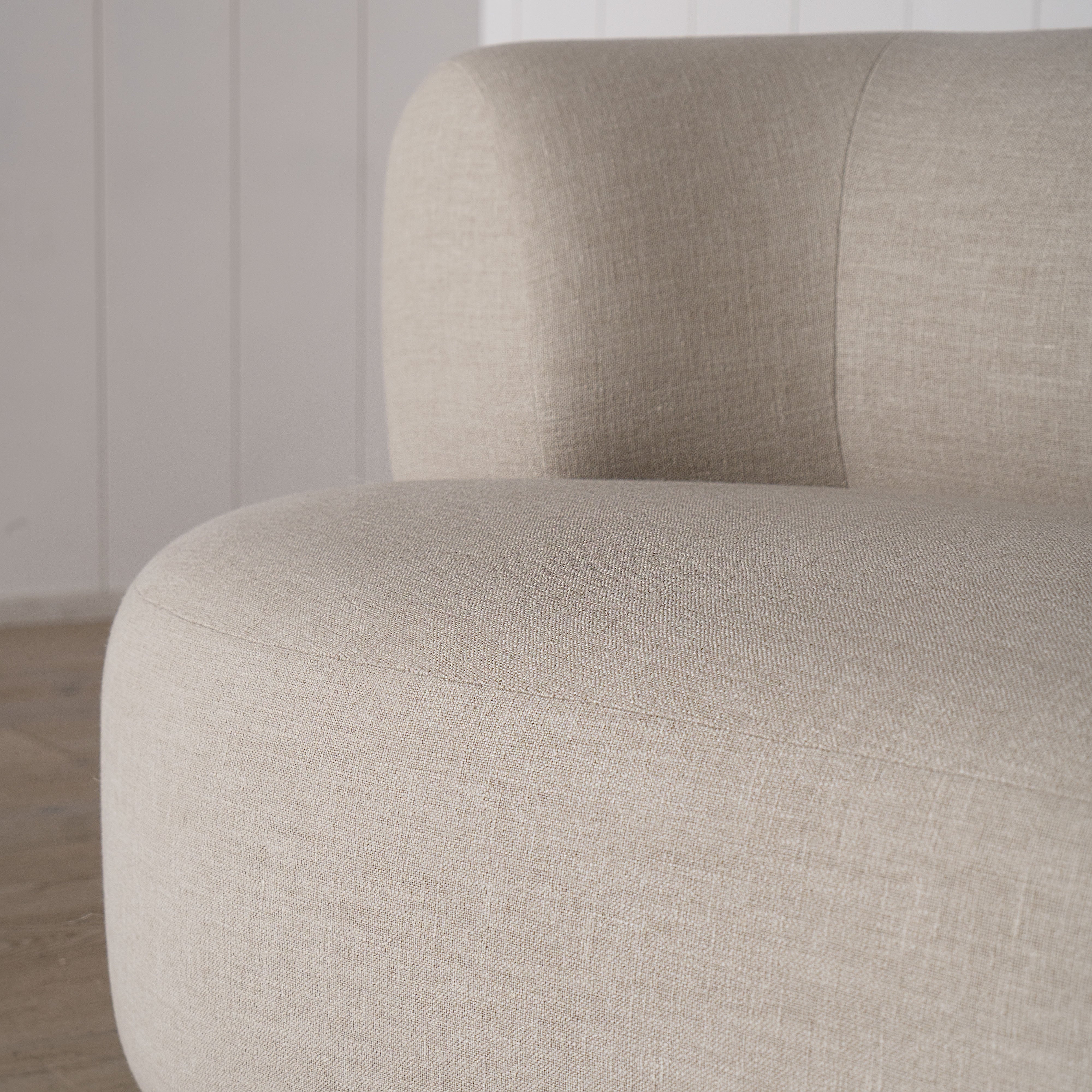 Atwater sofa, Muskoka Living Collection - Belgian Oatmeal, oak finished in Alpaca White Smoke.