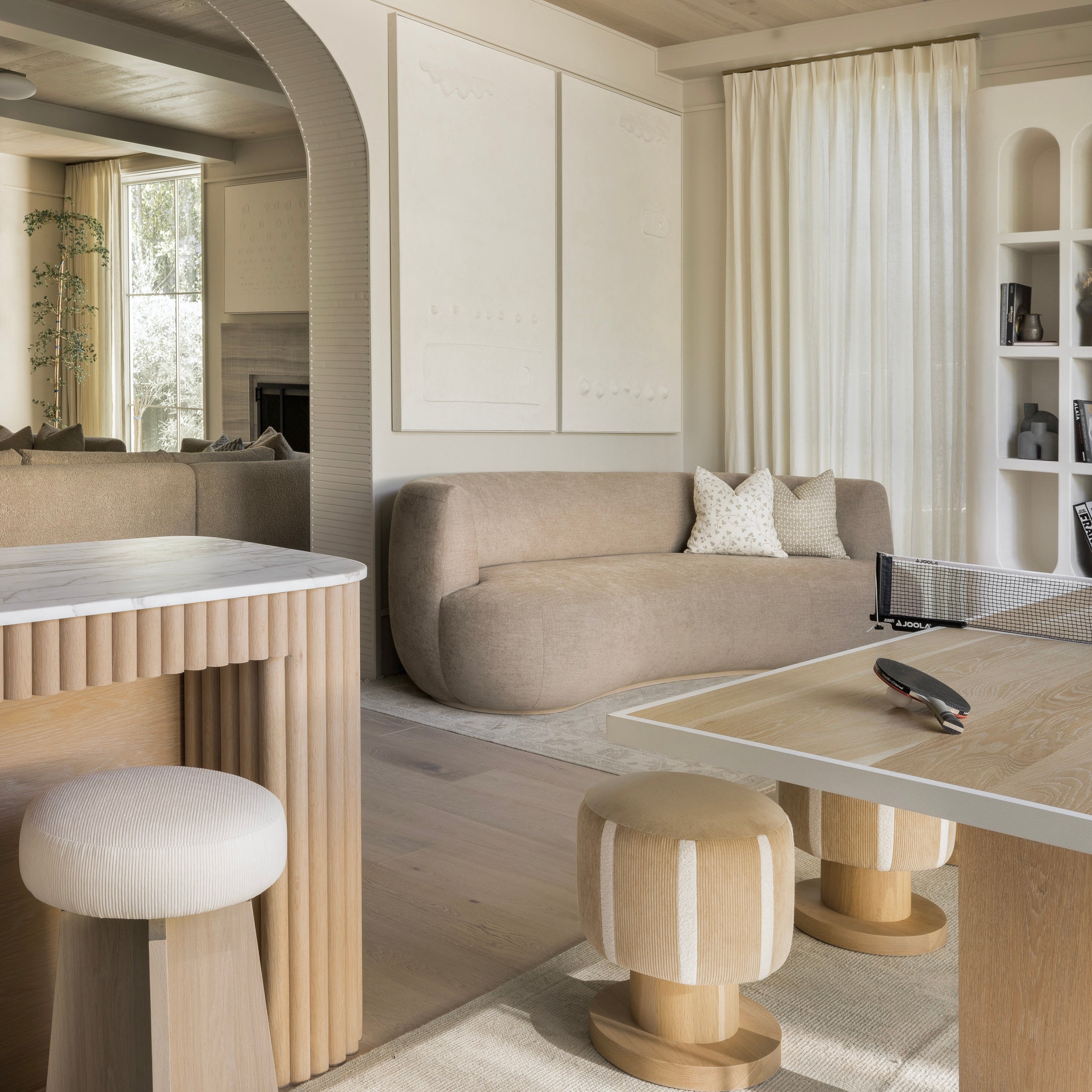 As Shown: 15"Diam. x 20"H | Material: Oak | Finish: Custom | Fabrics: Sky Hemp (Top); Mila Cashew (Body) & Rome Ivory (Stripes)