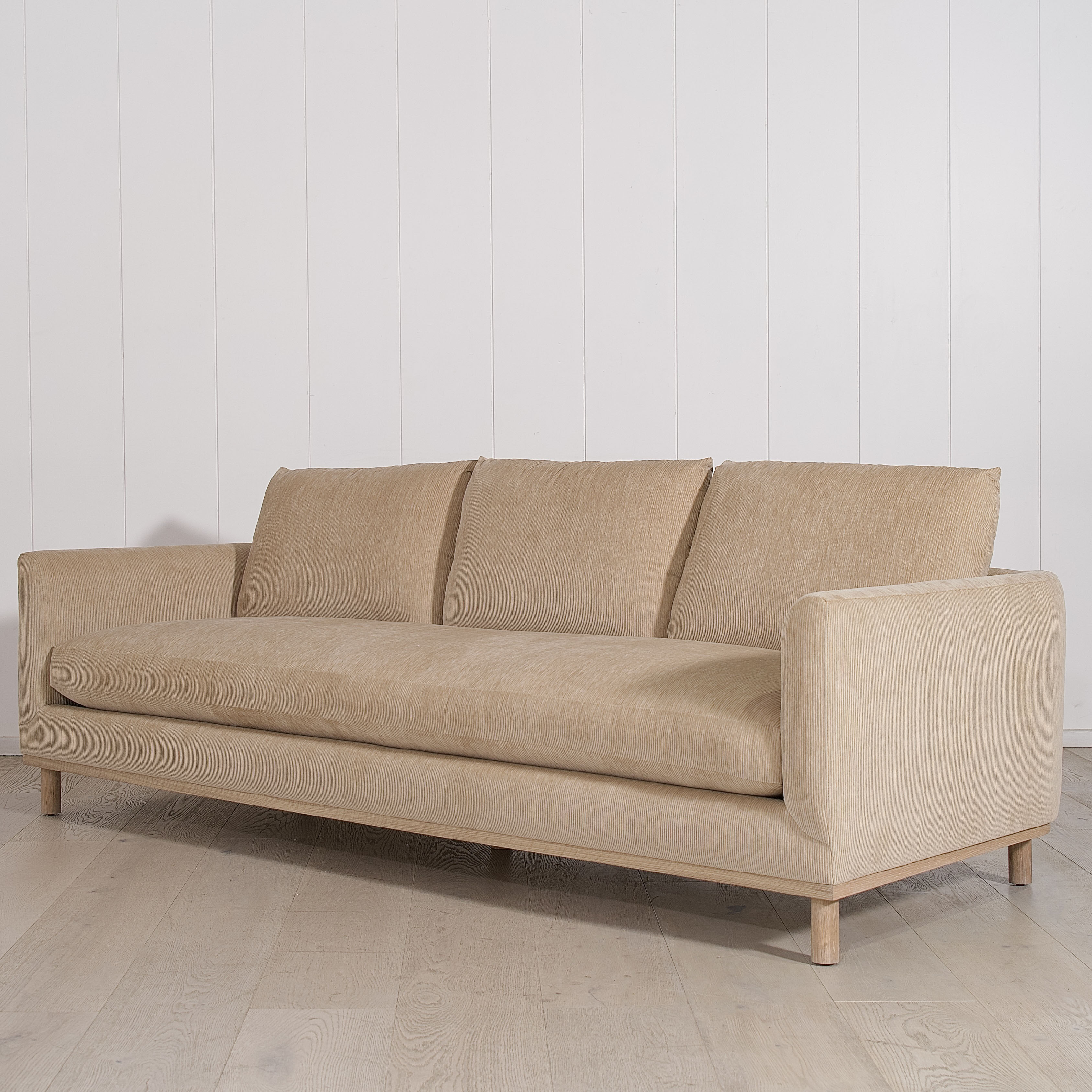 As Shown: 110"W x 38"D x 34"H | Style: Upholstered | Fabric: Mila Cashew | Finish: Natural