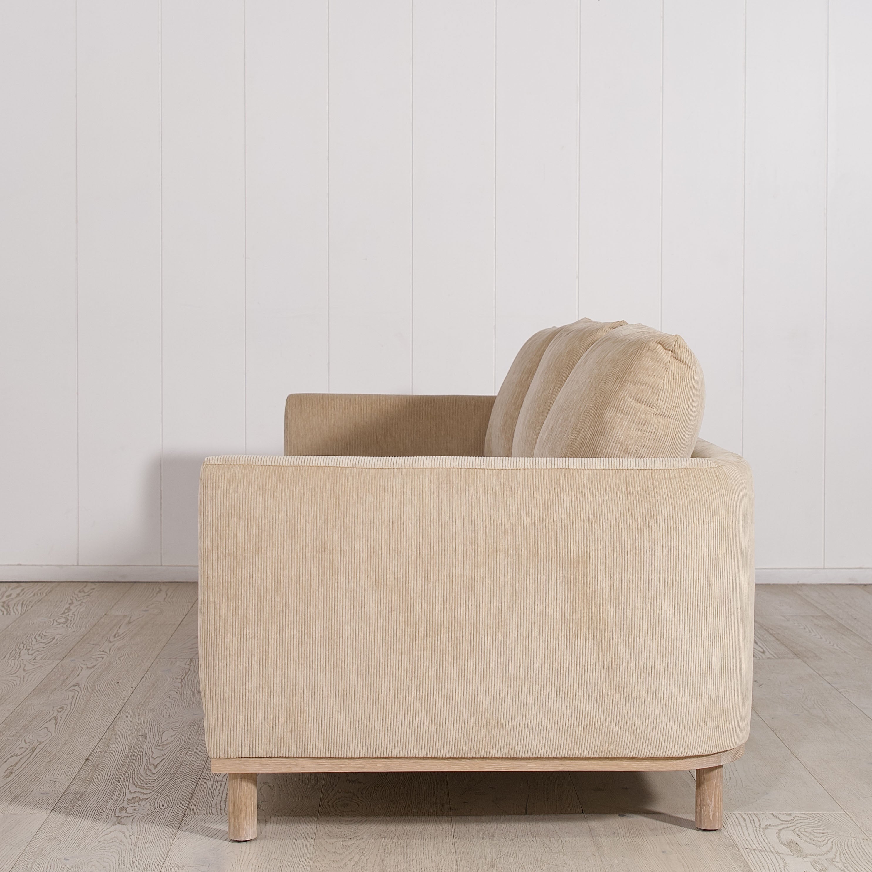 As Shown: 110"W x 38"D x 34"H | Style: Upholstered | Fabric: Mila Cashew | Finish: Natural