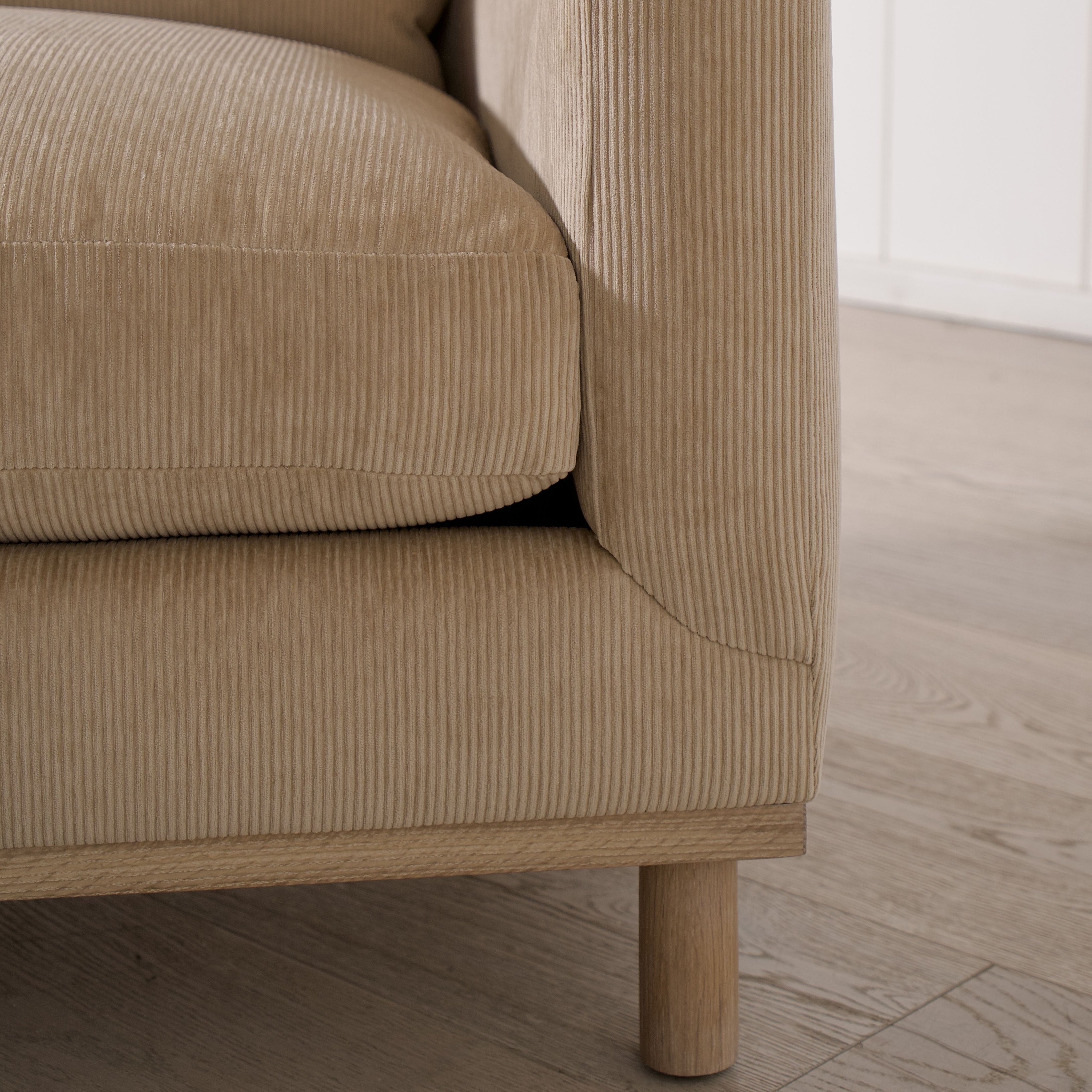 As Shown: 110"W x 38"D x 34"H | Style: Upholstered | Fabric: Mila Cashew | Finish: Natural