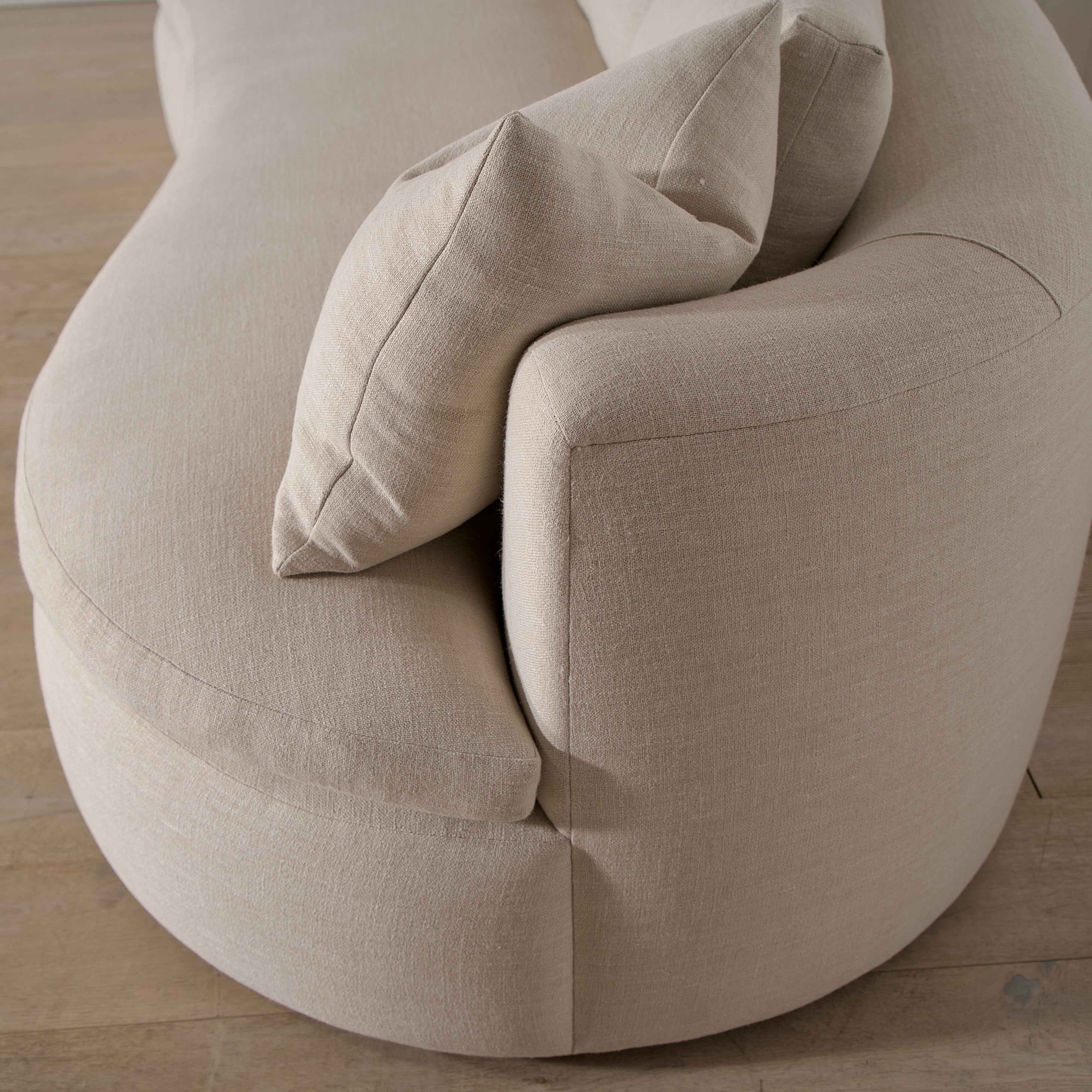 As Shown: Upholstered in Belgian Oatmeal, oak base finished in Mint White Super White