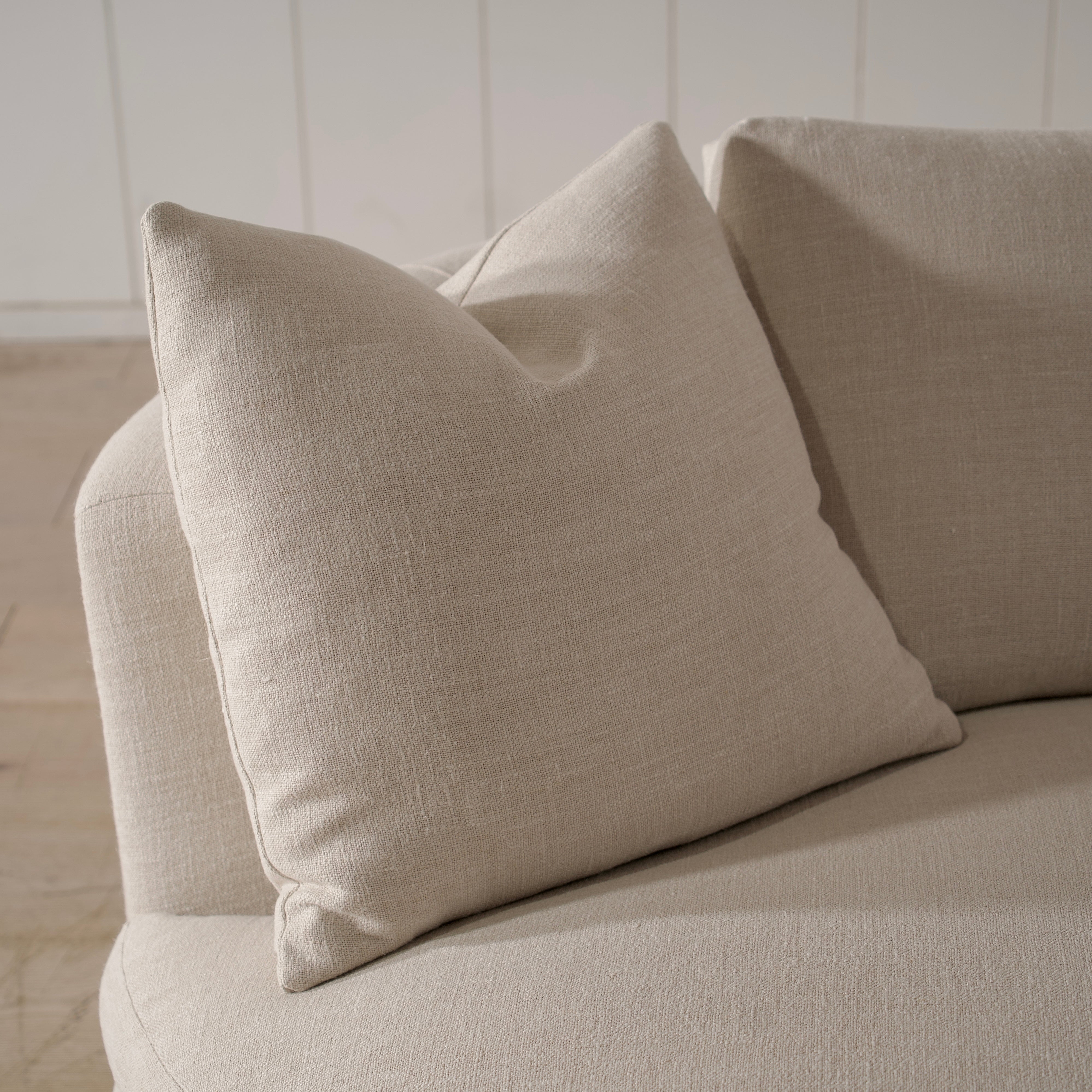 As Shown: Upholstered in Belgian Oatmeal, oak base finished in Mint White Super White