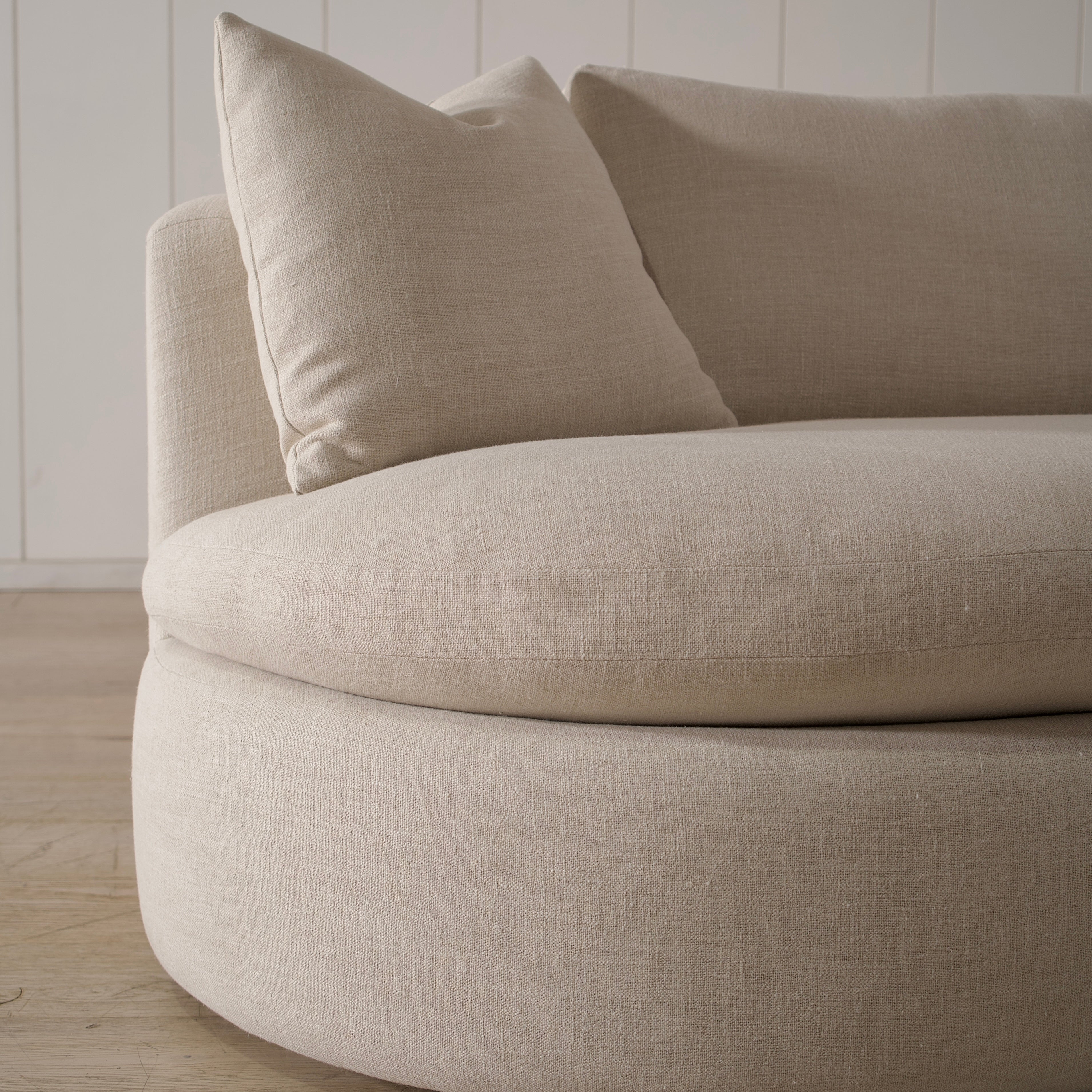 As Shown: Upholstered in Belgian Oatmeal, oak base finished in Mint White Super White
