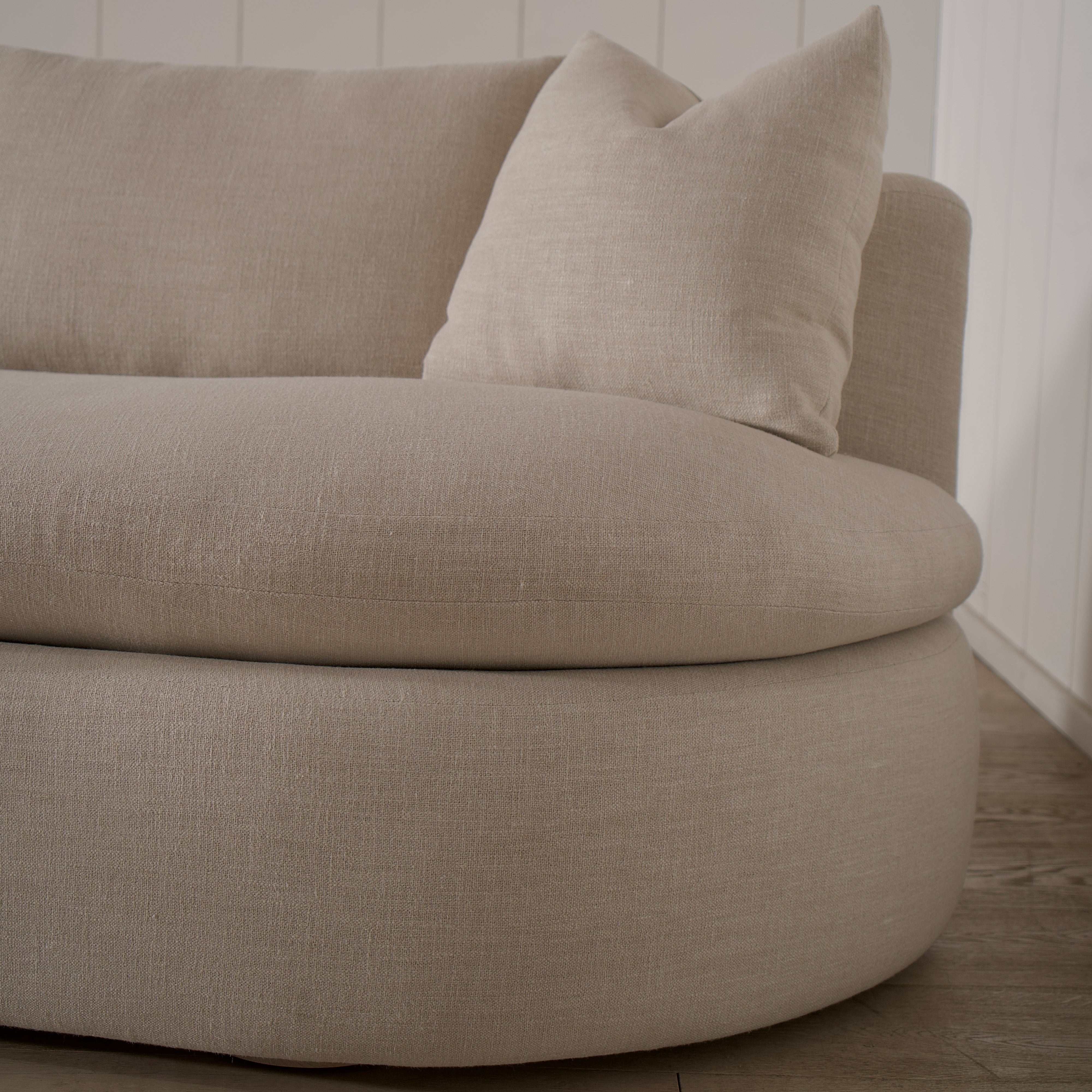 As Shown: Upholstered in Belgian Oatmeal, oak base finished in Mint White Super White