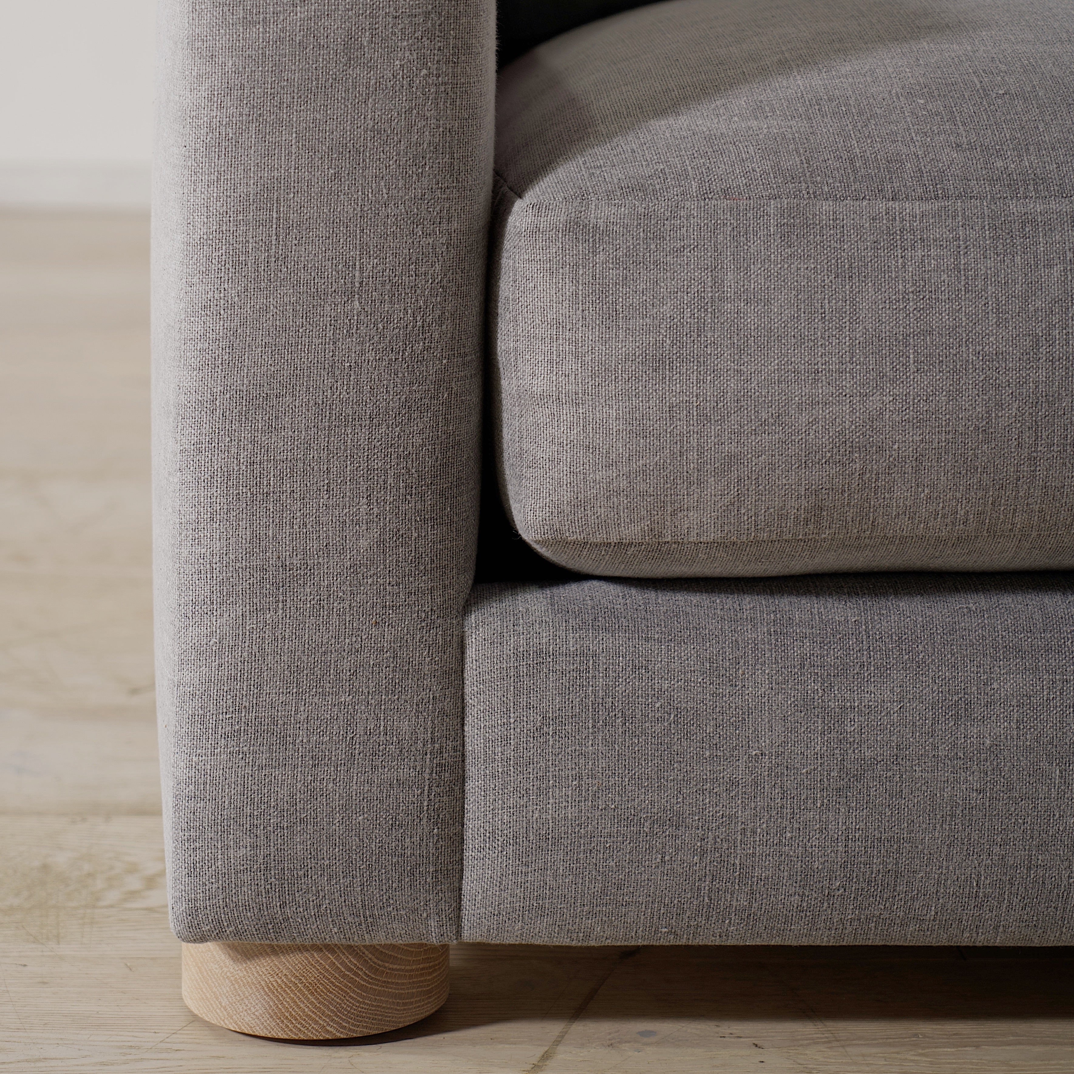 As Shown: in COM fabric, oak legs finished in Mint White Natural.