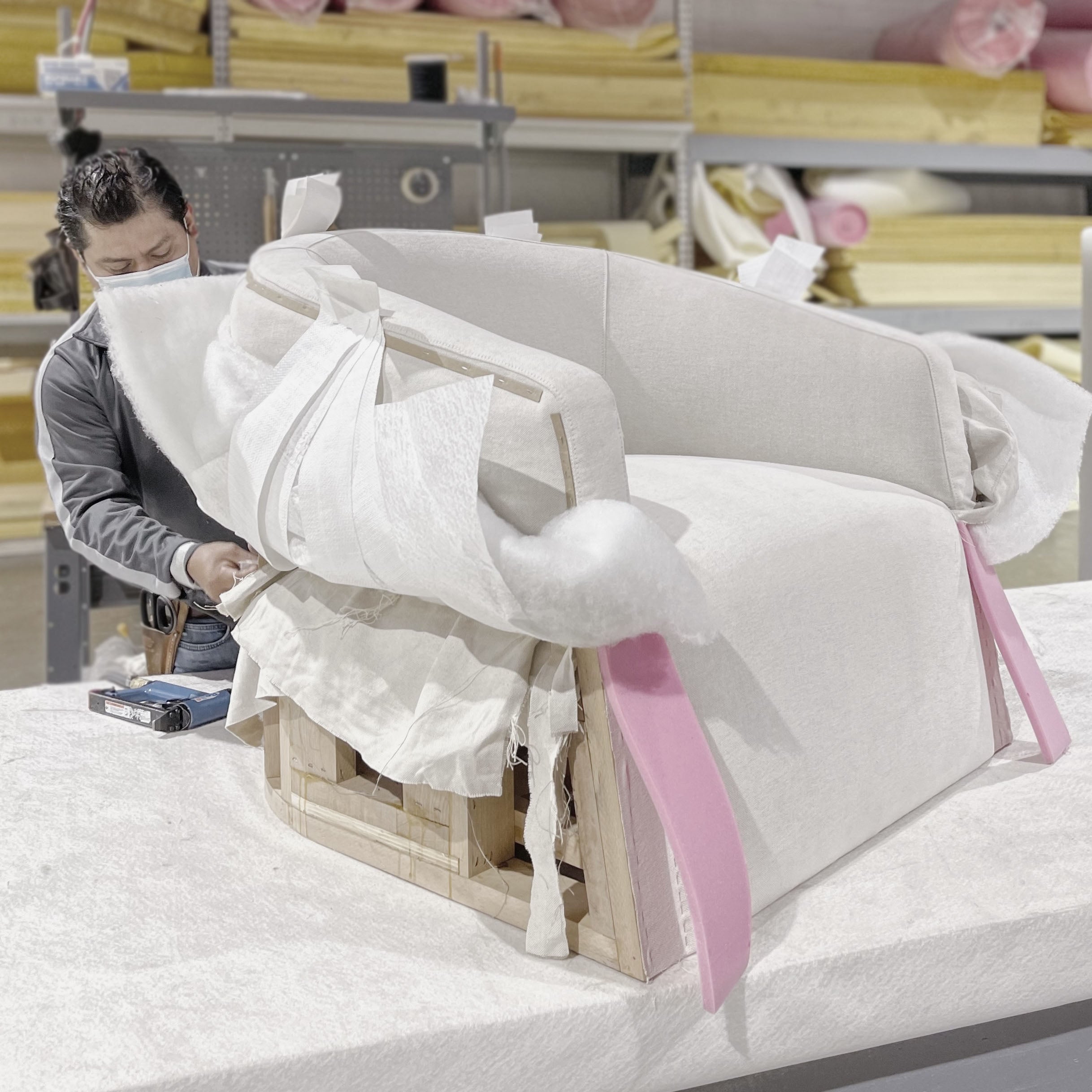 As Shown: in upholstered Parker Sand, swivel.