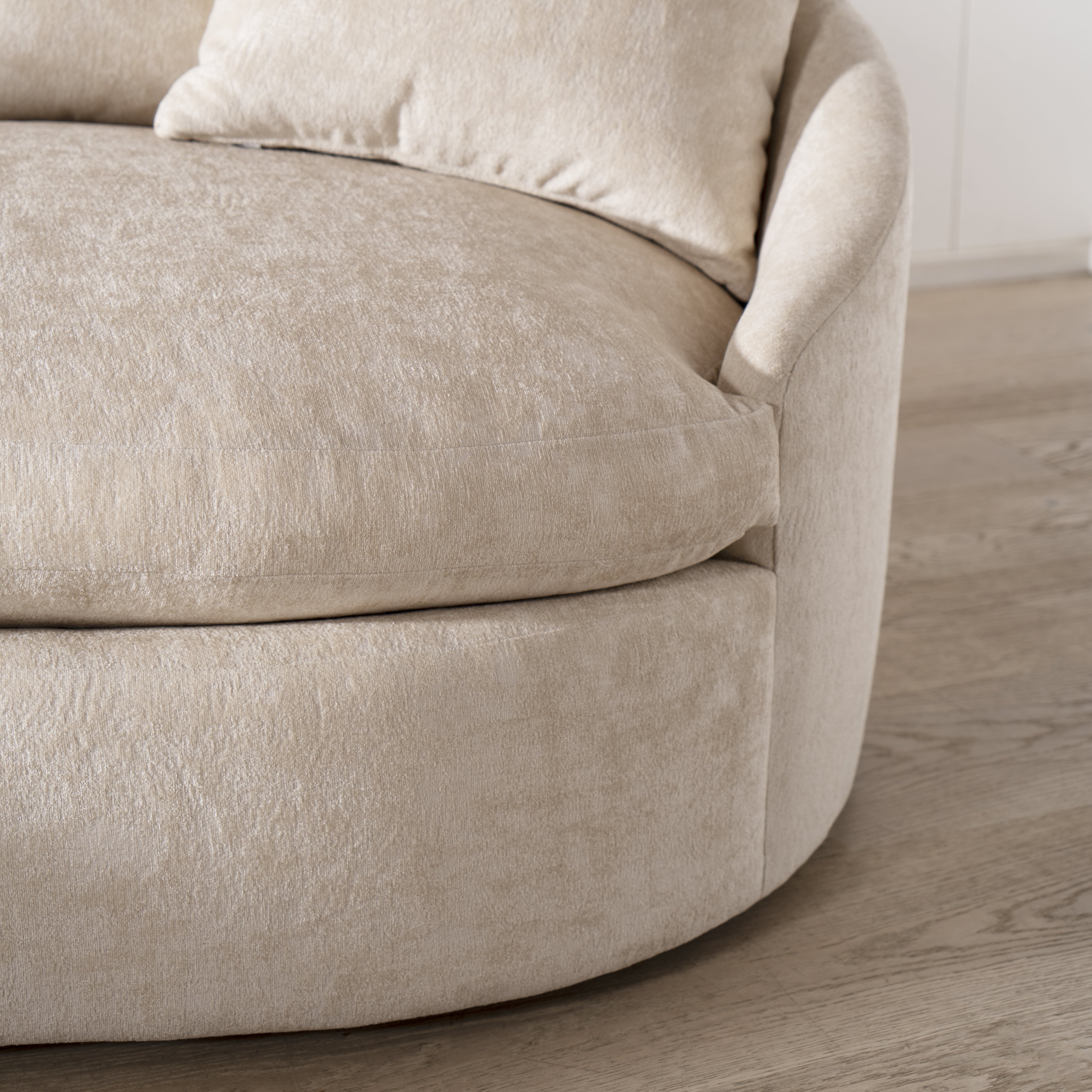 As Shown: in upholstered Zion Custard, oak legs finished in Mint White Natural.