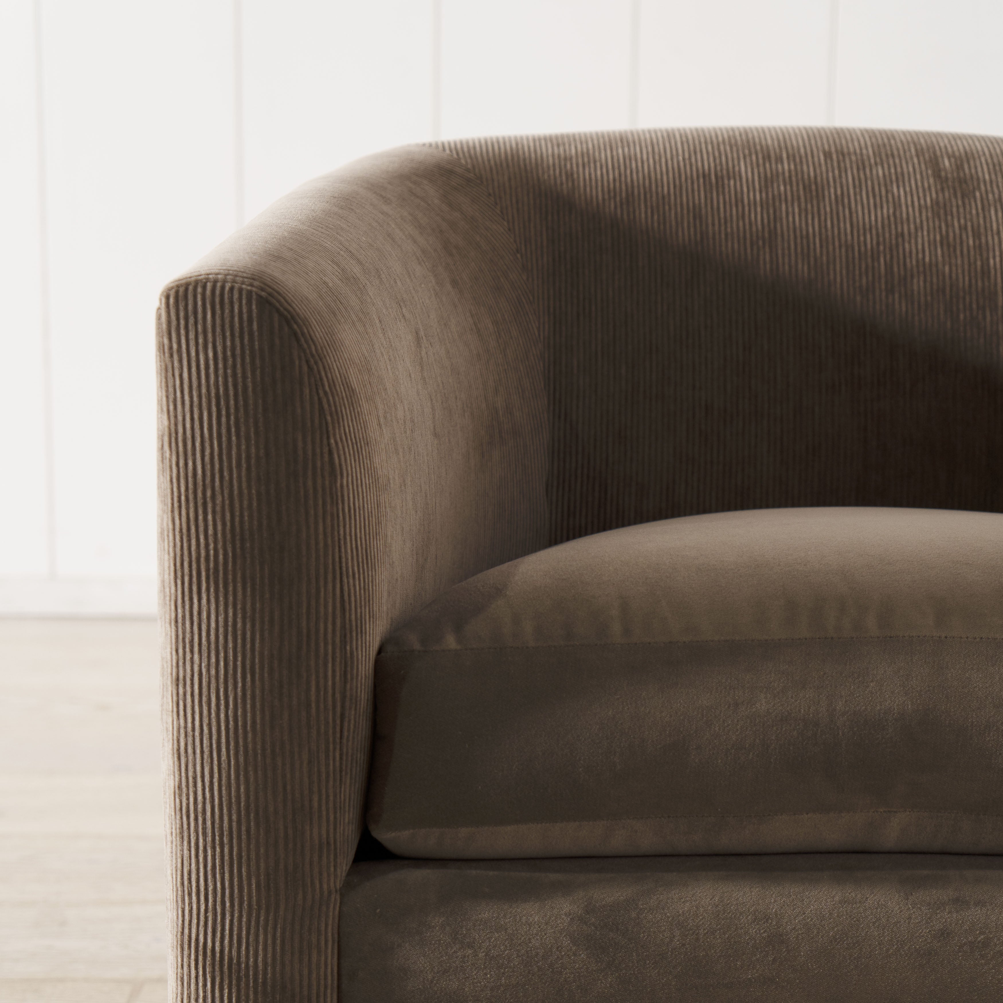 As Shown: in Mila Driftwood and Sky Taupe.Seat height : 19.5"Seat depth : 24"