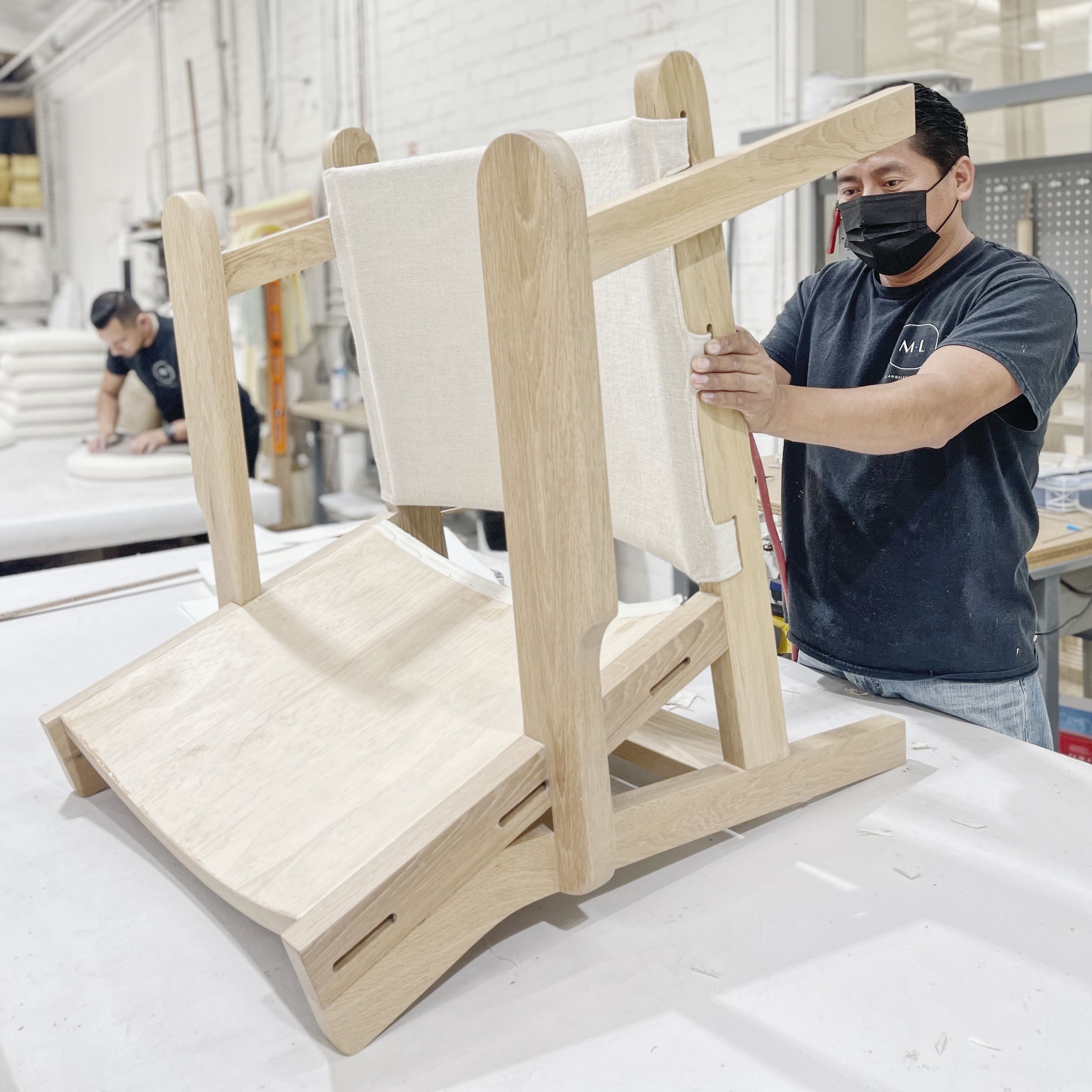 As Shown: in COM and Sky Taupe cushion.Oak finished in Mint White Natural.