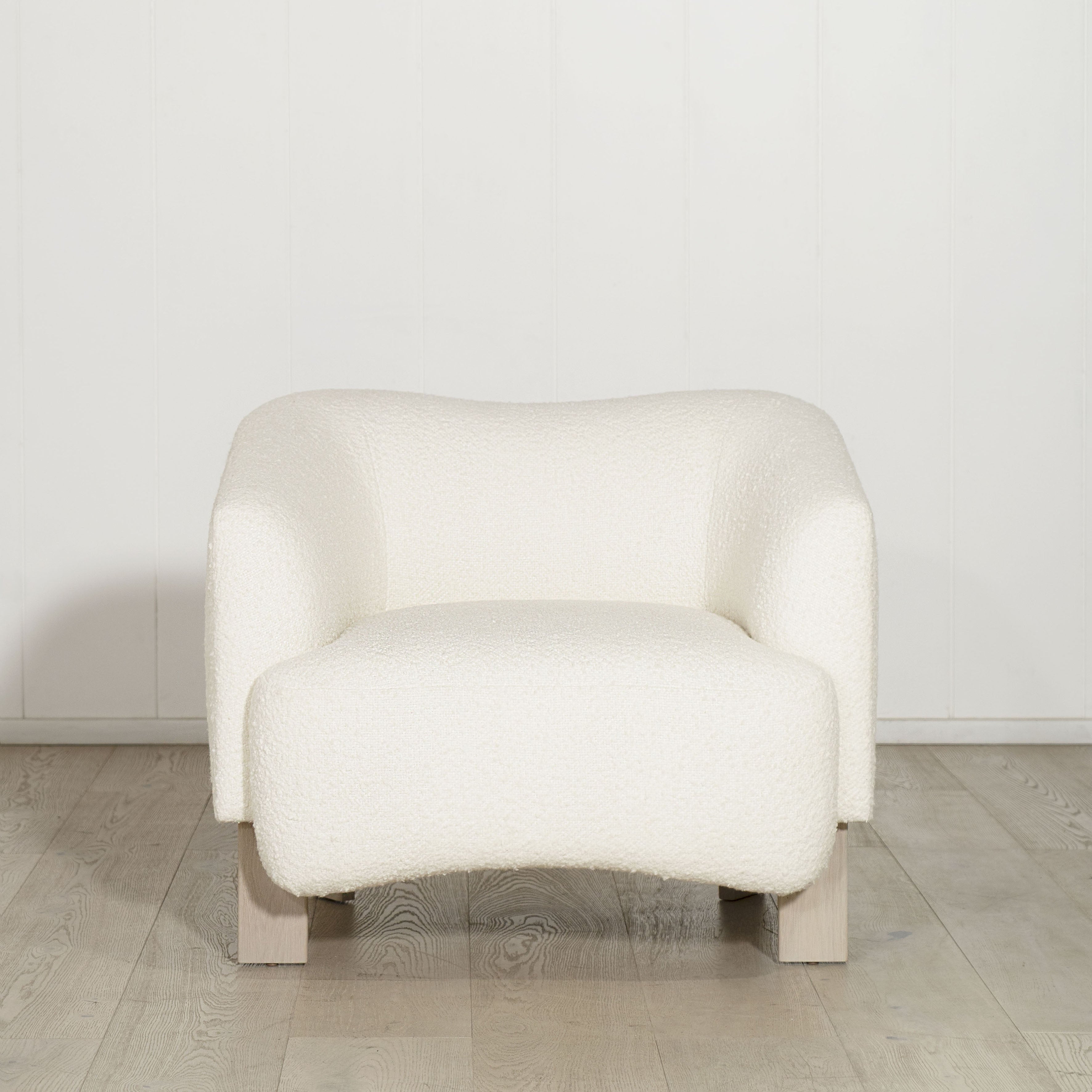 As Shown: in Berber White. Oak legs finished in Mint White Super White