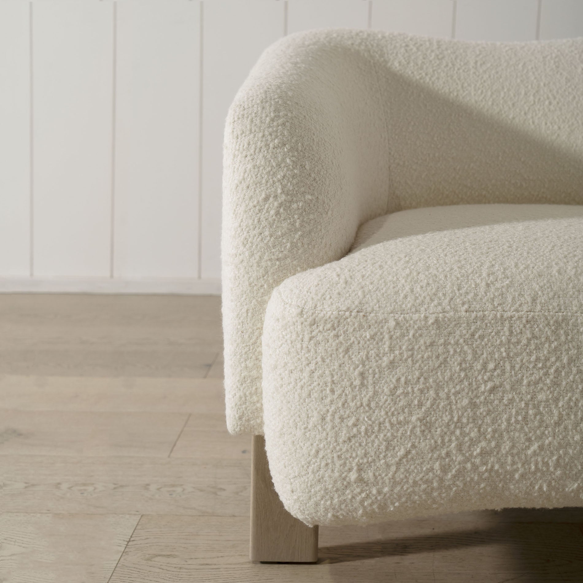 As Shown: in Berber White. Oak legs finished in Mint White Super White