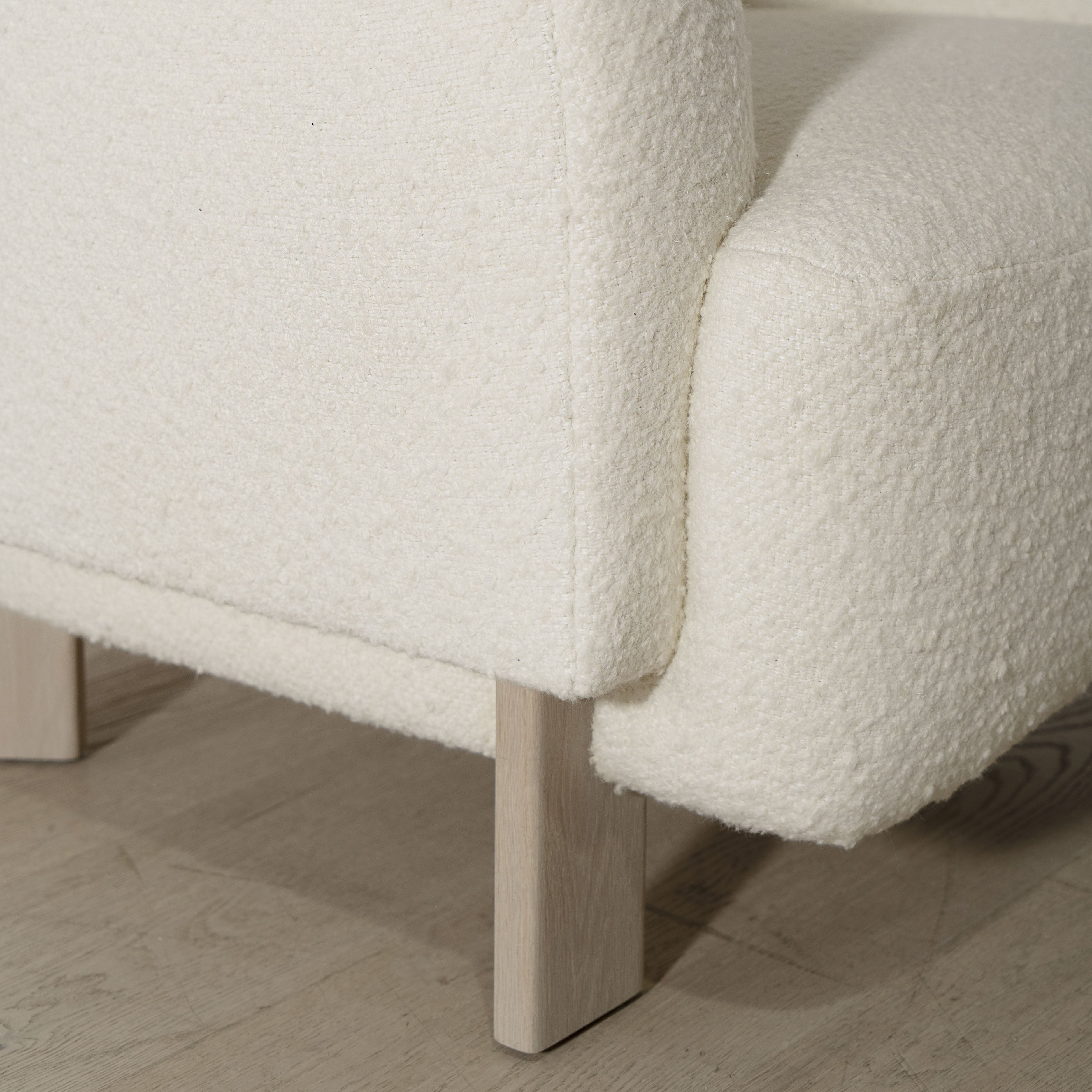 As Shown: in Berber White. Oak legs finished in Mint White Super White