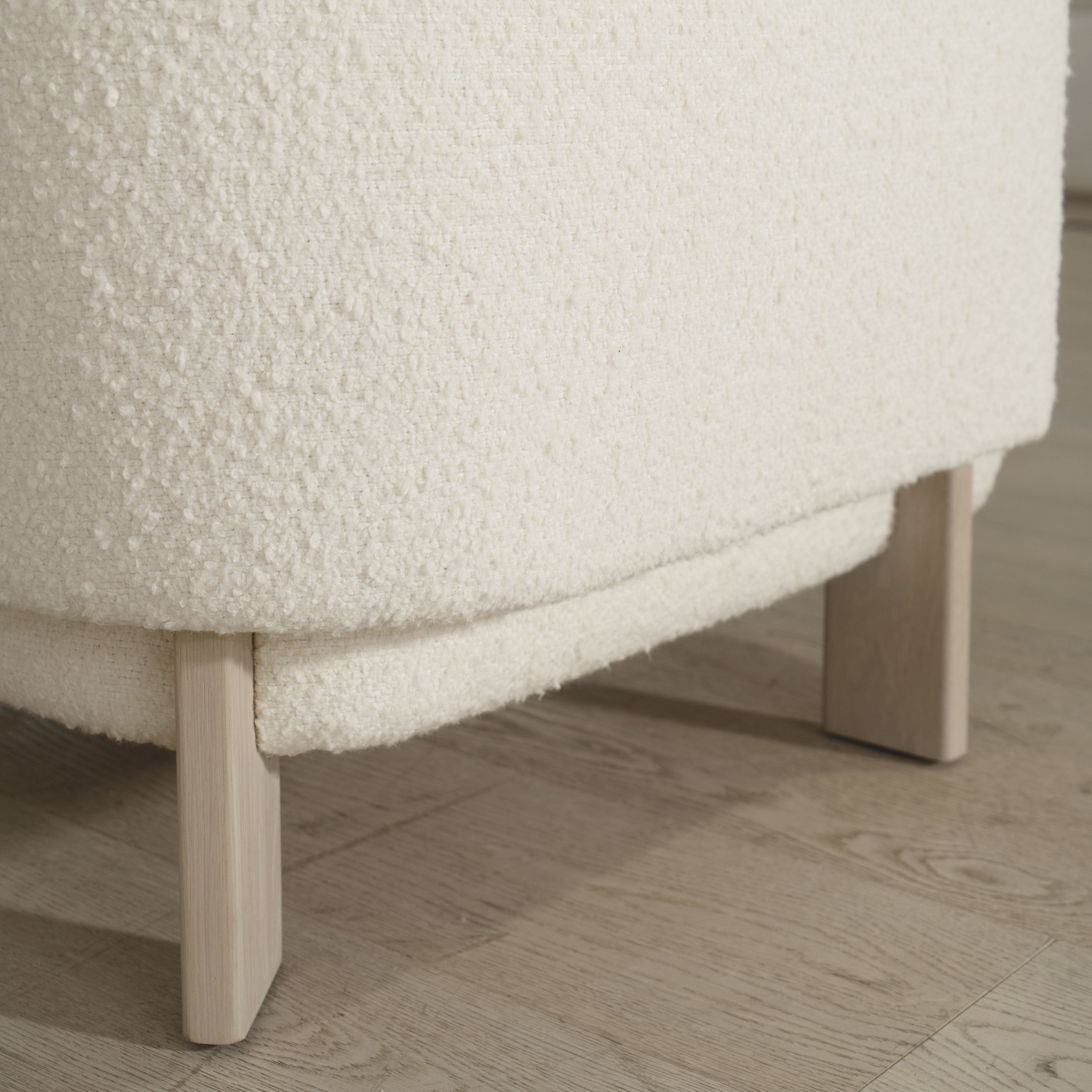 As Shown: in Berber White. Oak legs finished in Mint White Super White