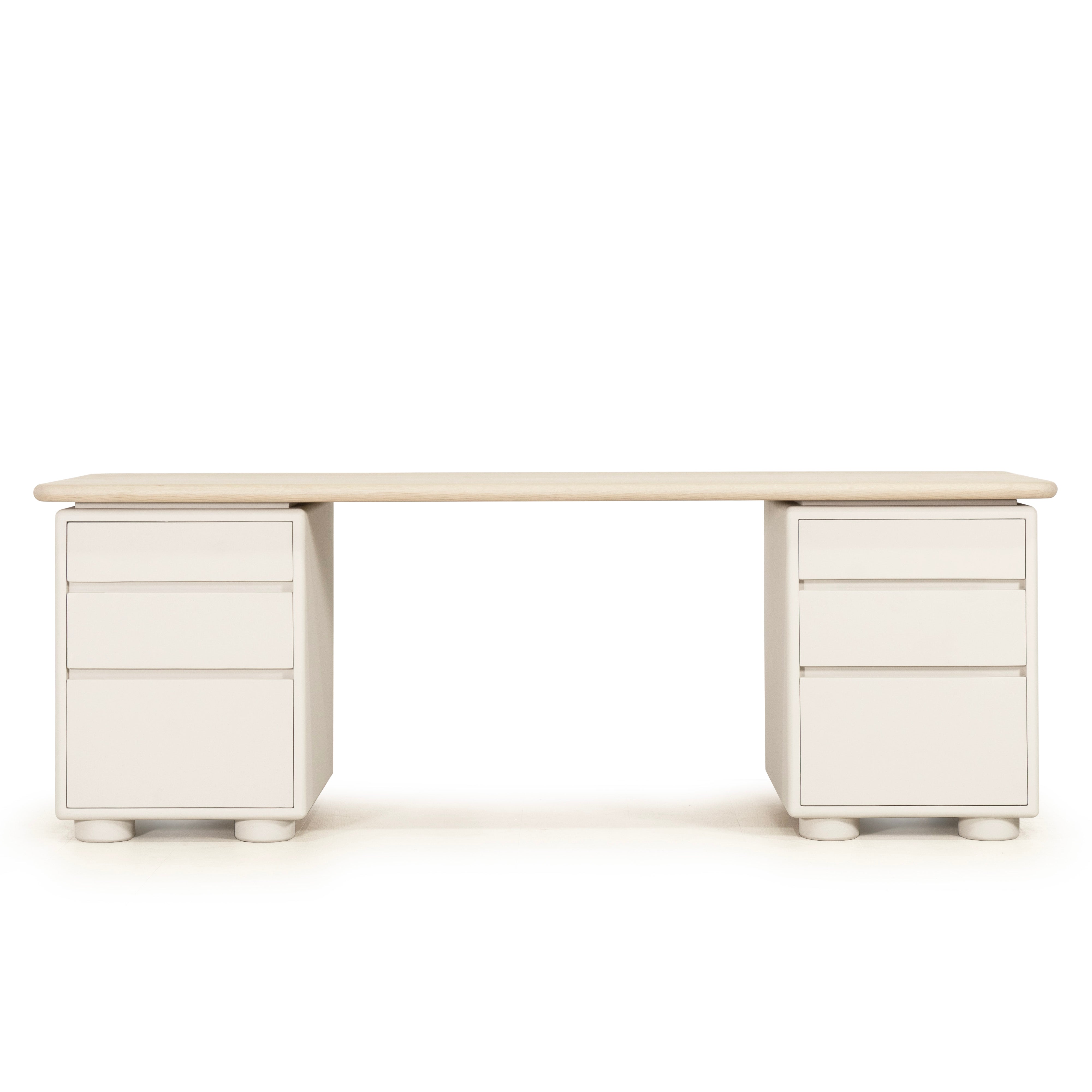 As Shown: 86"W x 31"D x 30"H | Material: Solid Oak & Limestone | Finish: Table Top: Sand, Base: Limestone painted EdgeComb Grey