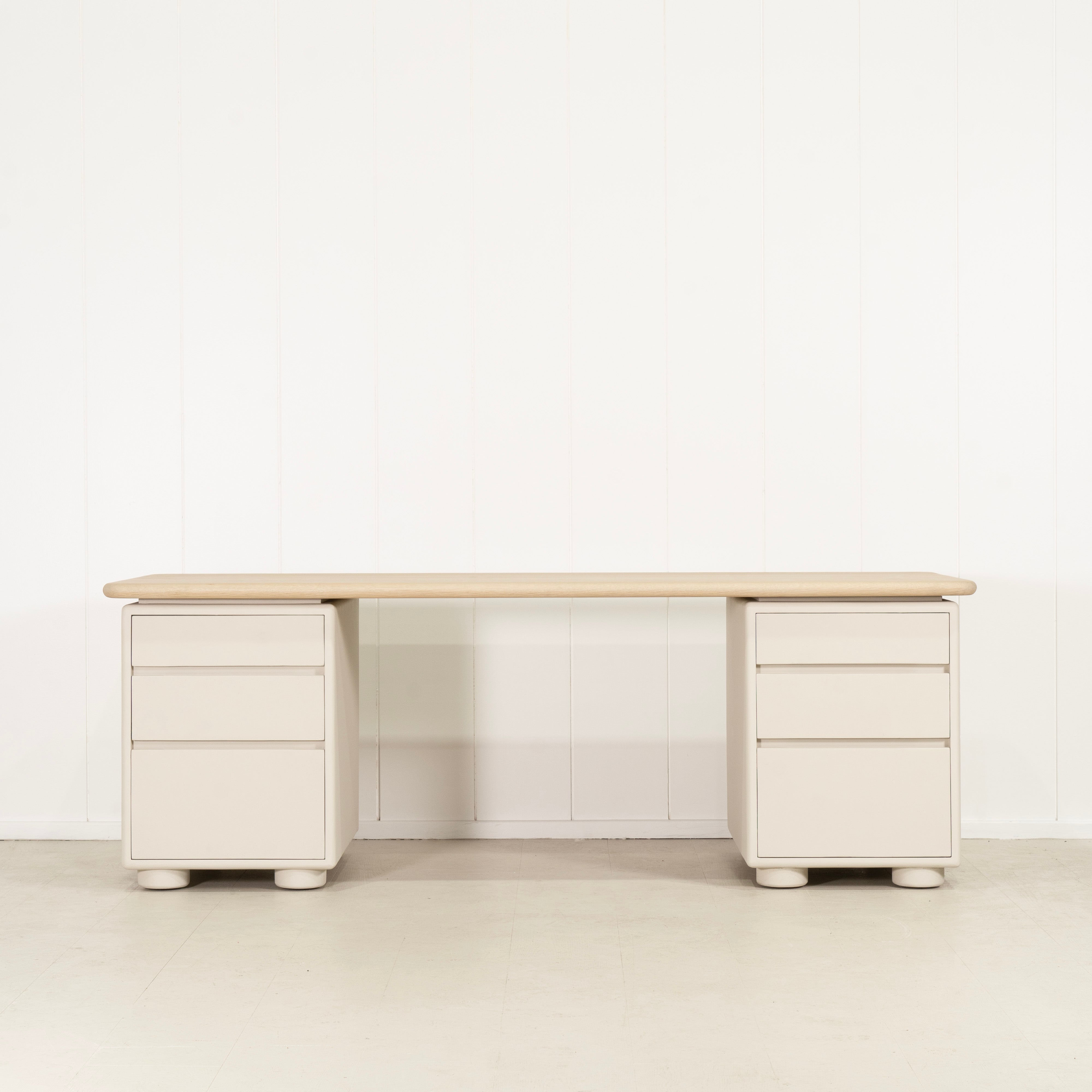 As Shown: 86"W x 31"D x 30"H | Material: Solid Oak & Limestone | Finish: Table Top: Sand, Base: Limestone painted EdgeComb Grey