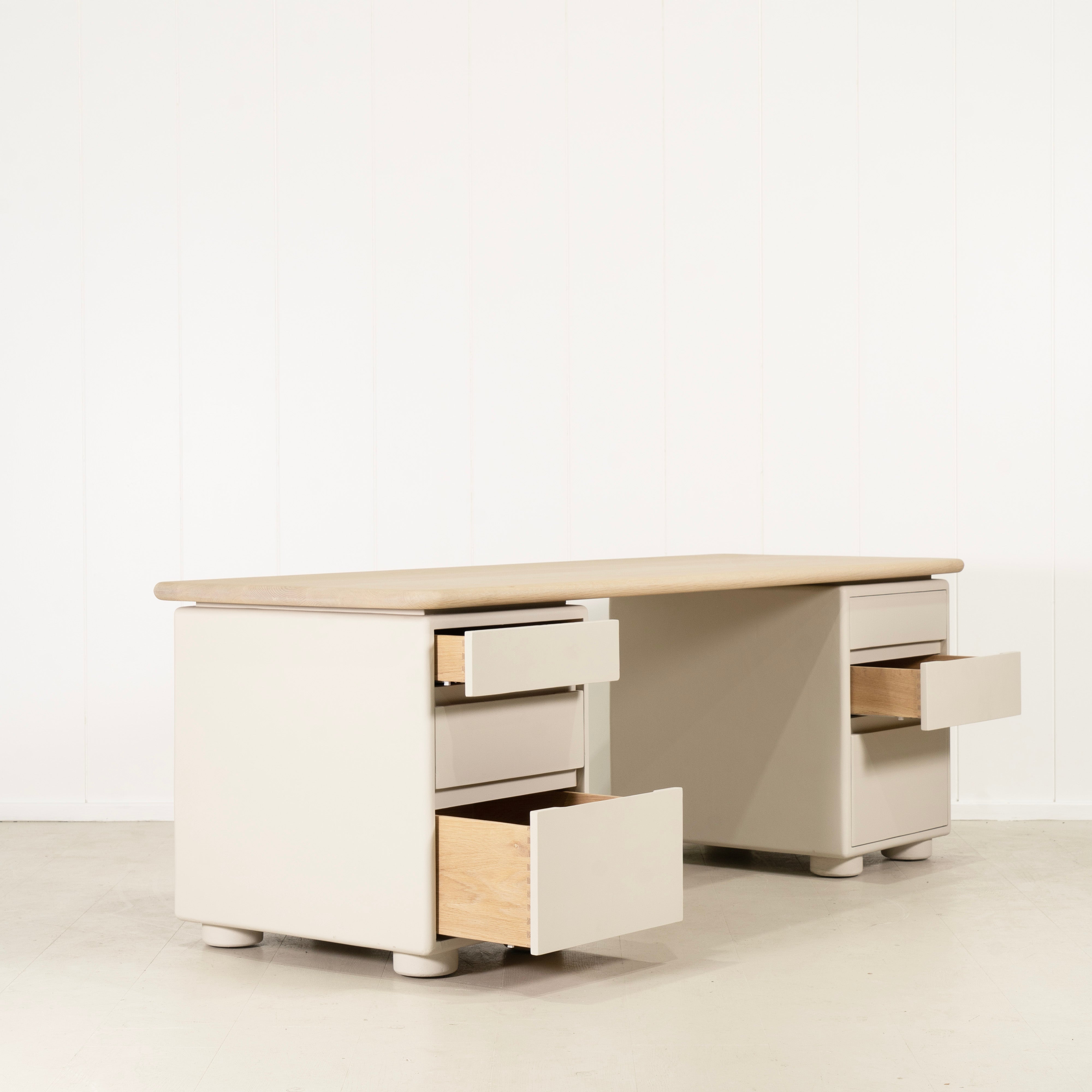 As Shown: 86"W x 31"D x 30"H | Material: Solid Oak & Limestone | Finish: Table Top: Sand, Base: Limestone painted EdgeComb Grey