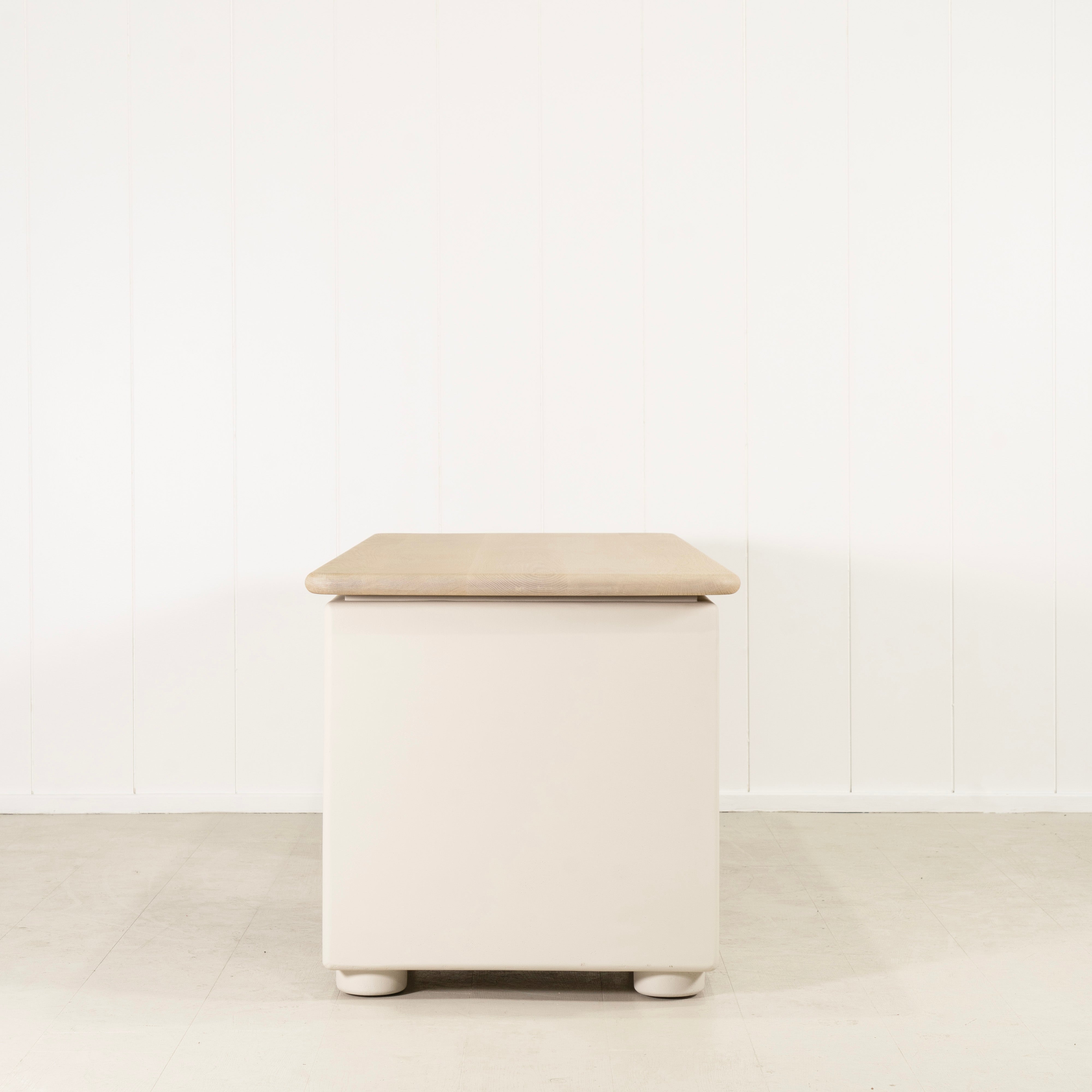 As Shown: 86"W x 31"D x 30"H | Material: Solid Oak & Limestone | Finish: Table Top: Sand, Base: Limestone painted EdgeComb Grey