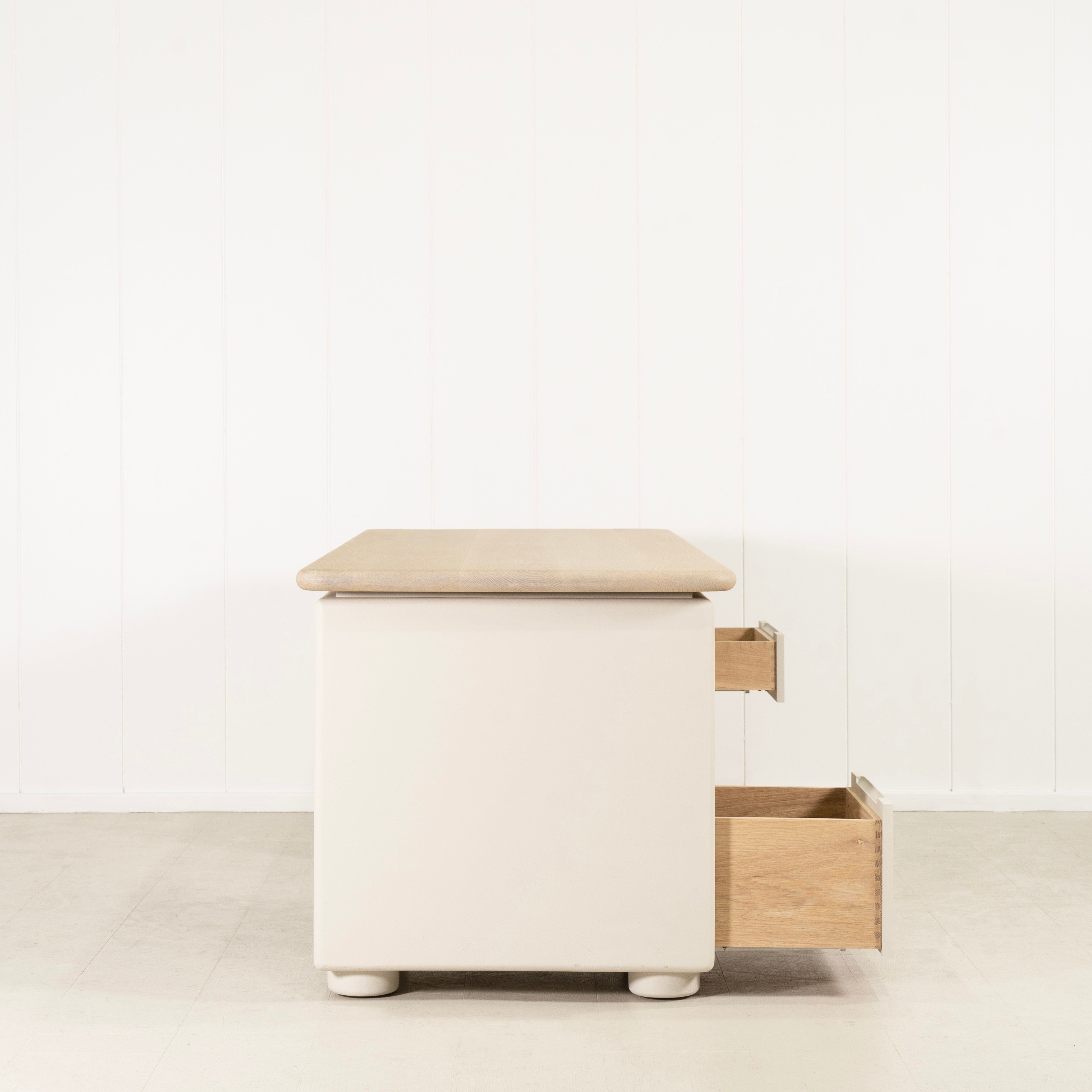 As Shown: 86"W x 31"D x 30"H | Material: Solid Oak & Limestone | Finish: Table Top: Sand, Base: Limestone painted EdgeComb Grey