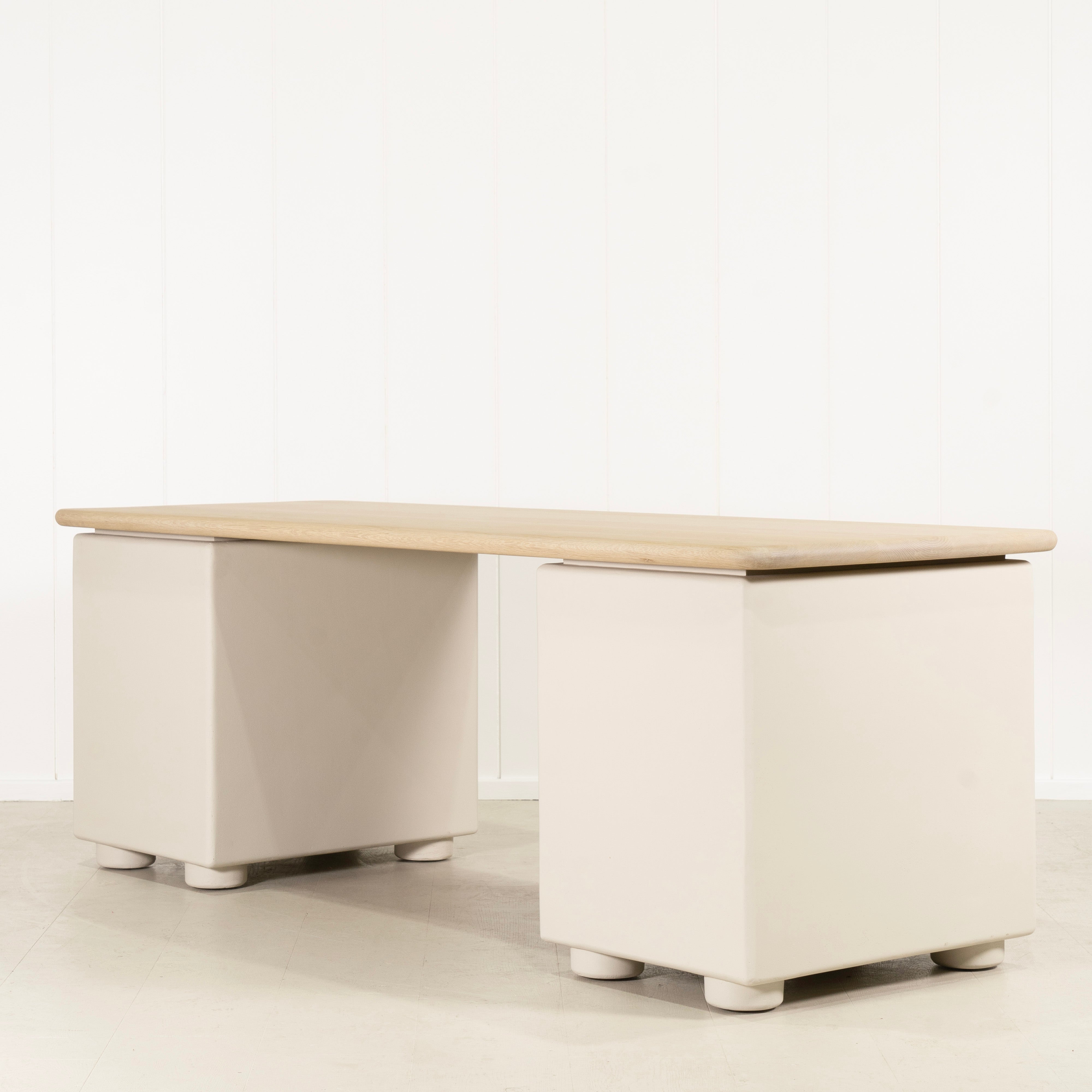 As Shown: 86"W x 31"D x 30"H | Material: Solid Oak & Limestone | Finish: Table Top: Sand, Base: Limestone painted EdgeComb Grey