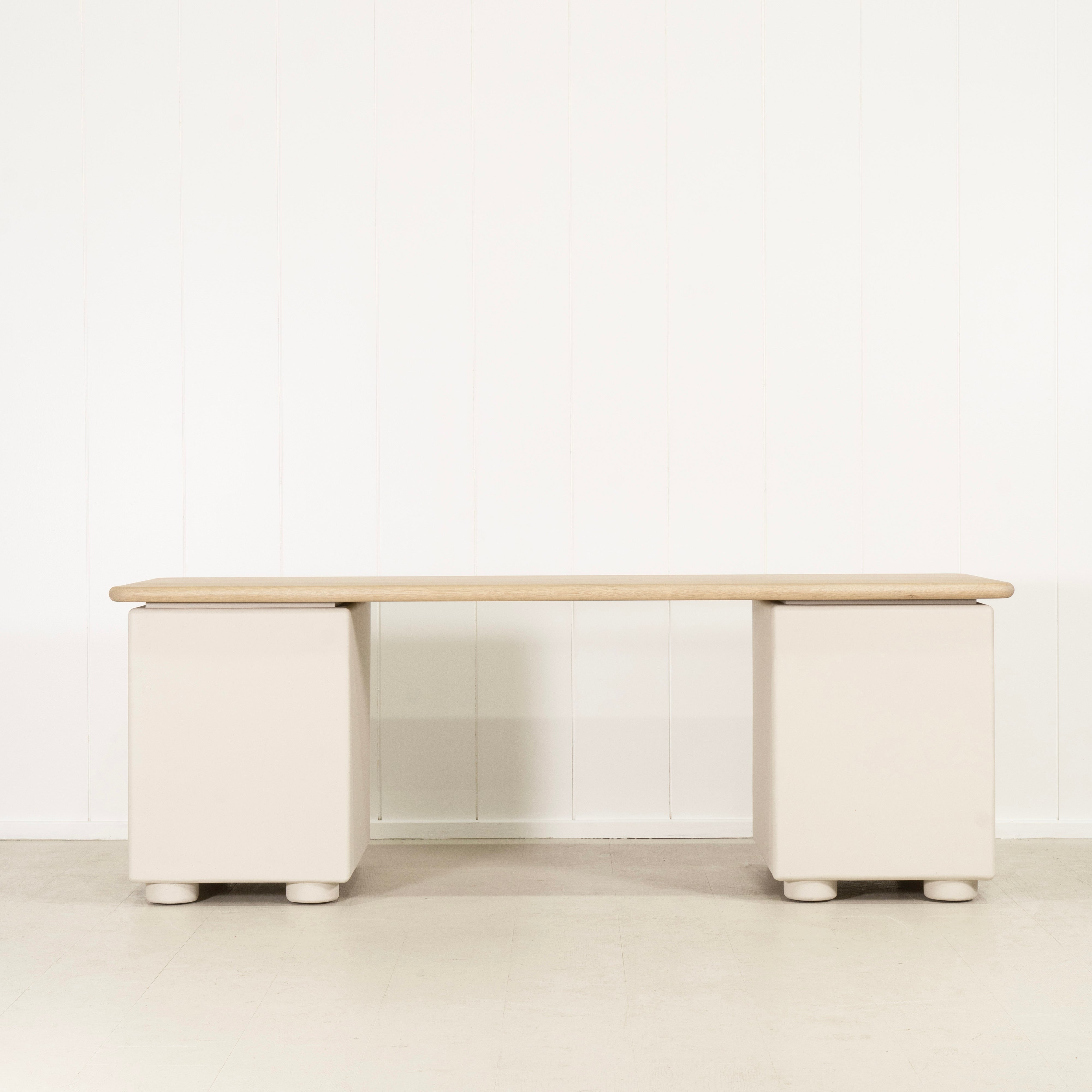As Shown: 86"W x 31"D x 30"H | Material: Solid Oak & Limestone | Finish: Table Top: Sand, Base: Limestone painted EdgeComb Grey
