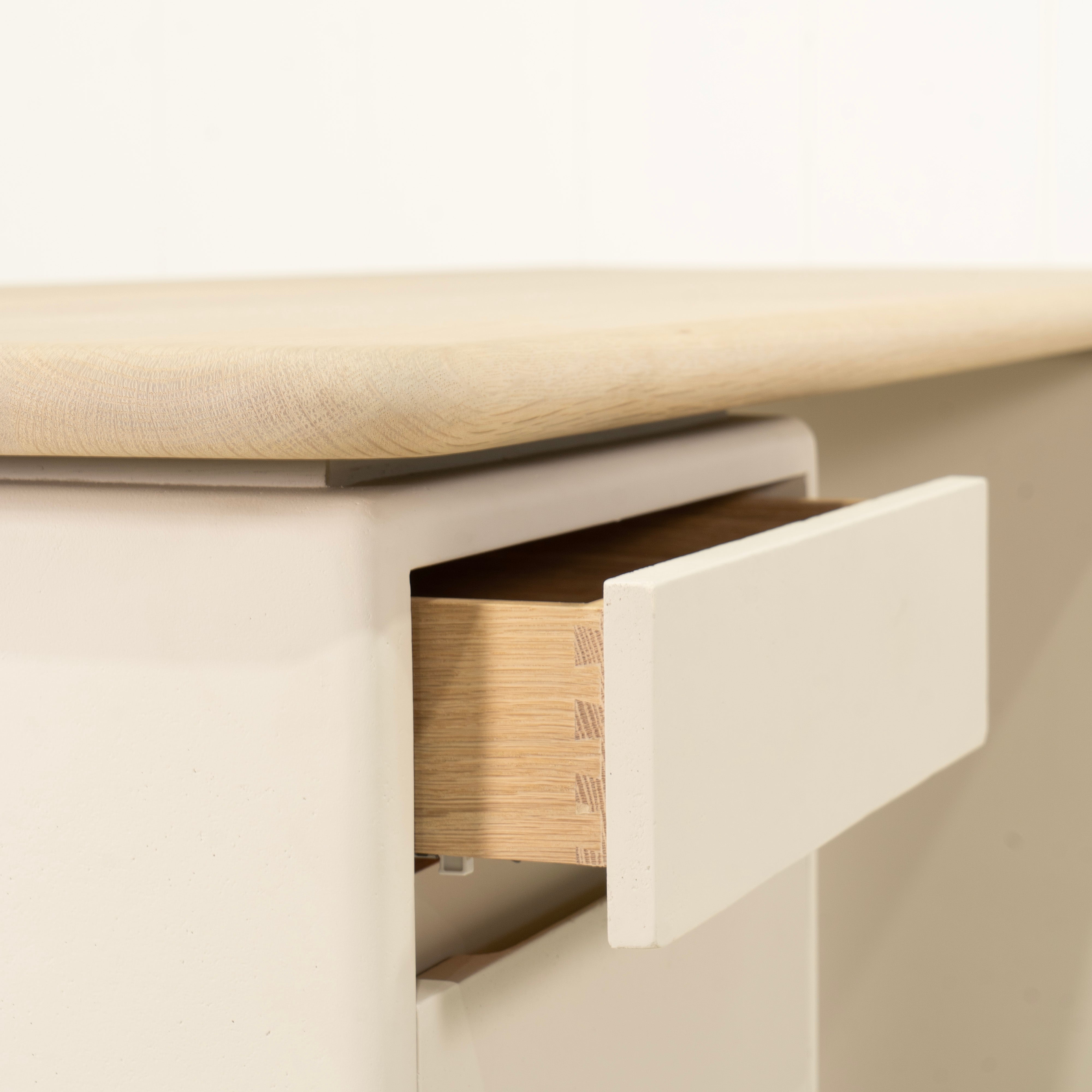 As Shown: 86"W x 31"D x 30"H | Material: Solid Oak & Limestone | Finish: Table Top: Sand, Base: Limestone painted EdgeComb Grey