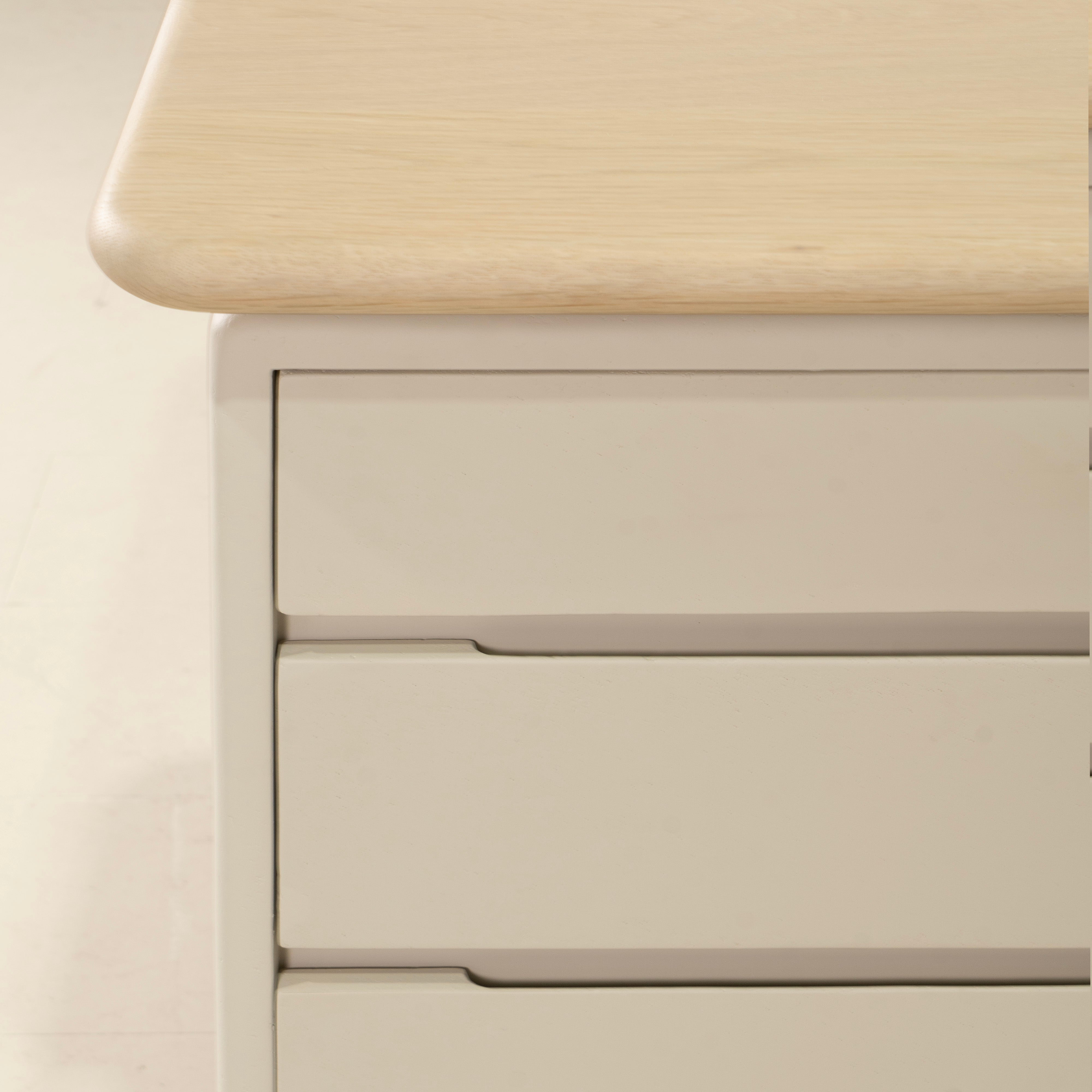 As Shown: 86"W x 31"D x 30"H | Material: Solid Oak & Limestone | Finish: Table Top: Sand, Base: Limestone painted EdgeComb Grey