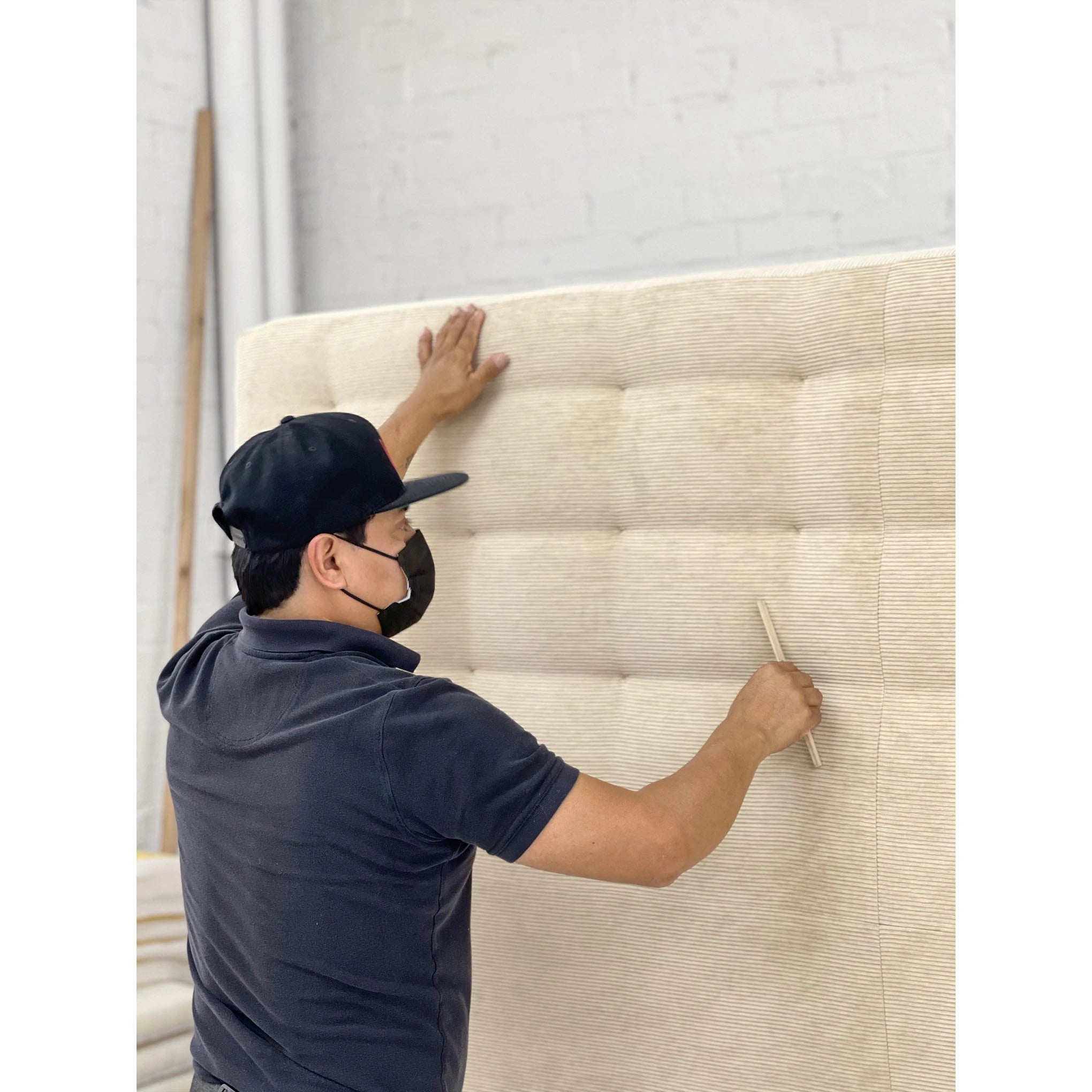 As Shown: in Mila Cashew, with Sky Hemp inside cushion; Mint White Super White finish.